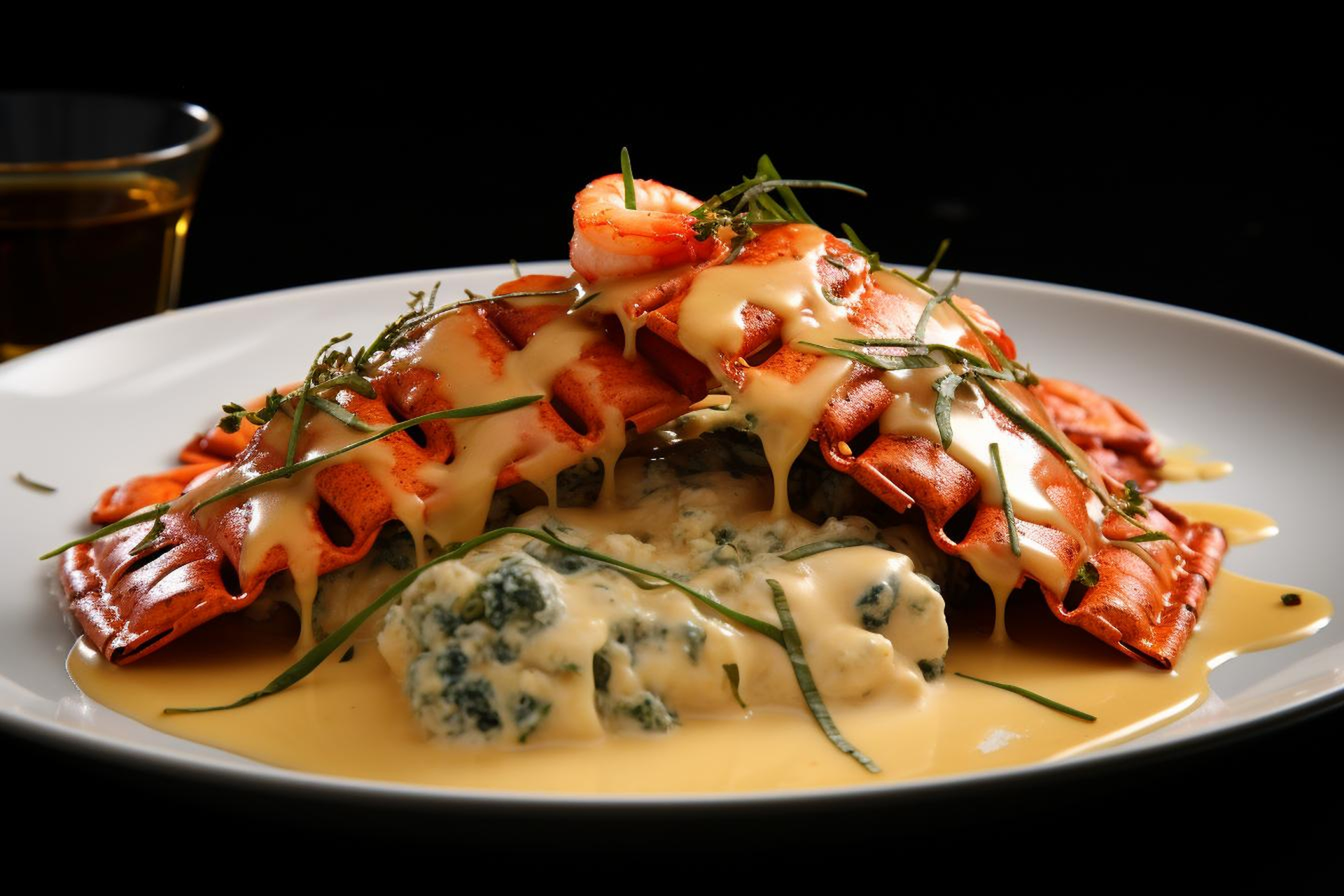 Luxurious French Lobster Thermidor with Gruyère Crust — Main Course served and photographed from above