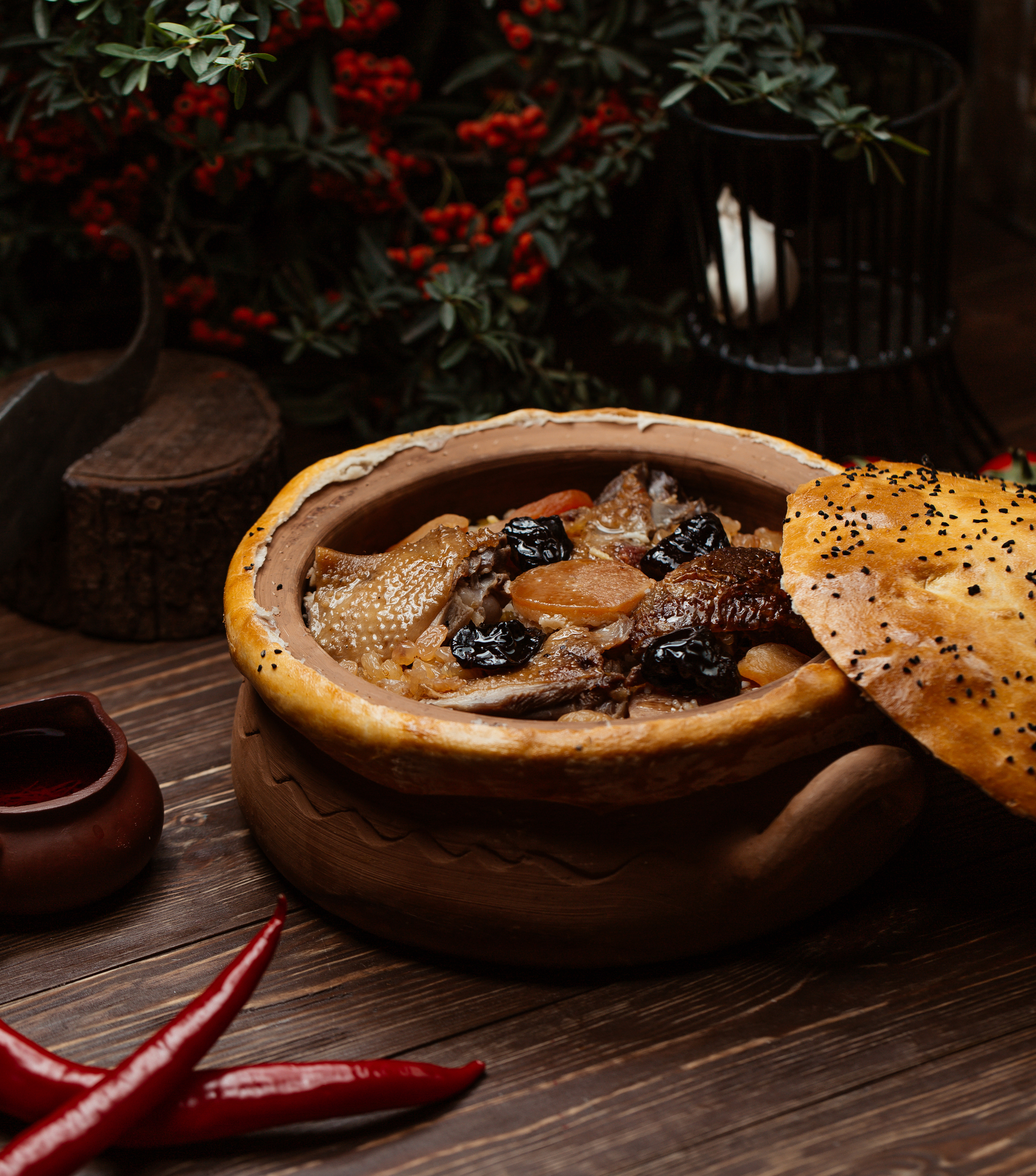 Luxurious Moroccan Lamb Tagine with Prunes and Almonds — Main Course served and photographed from above