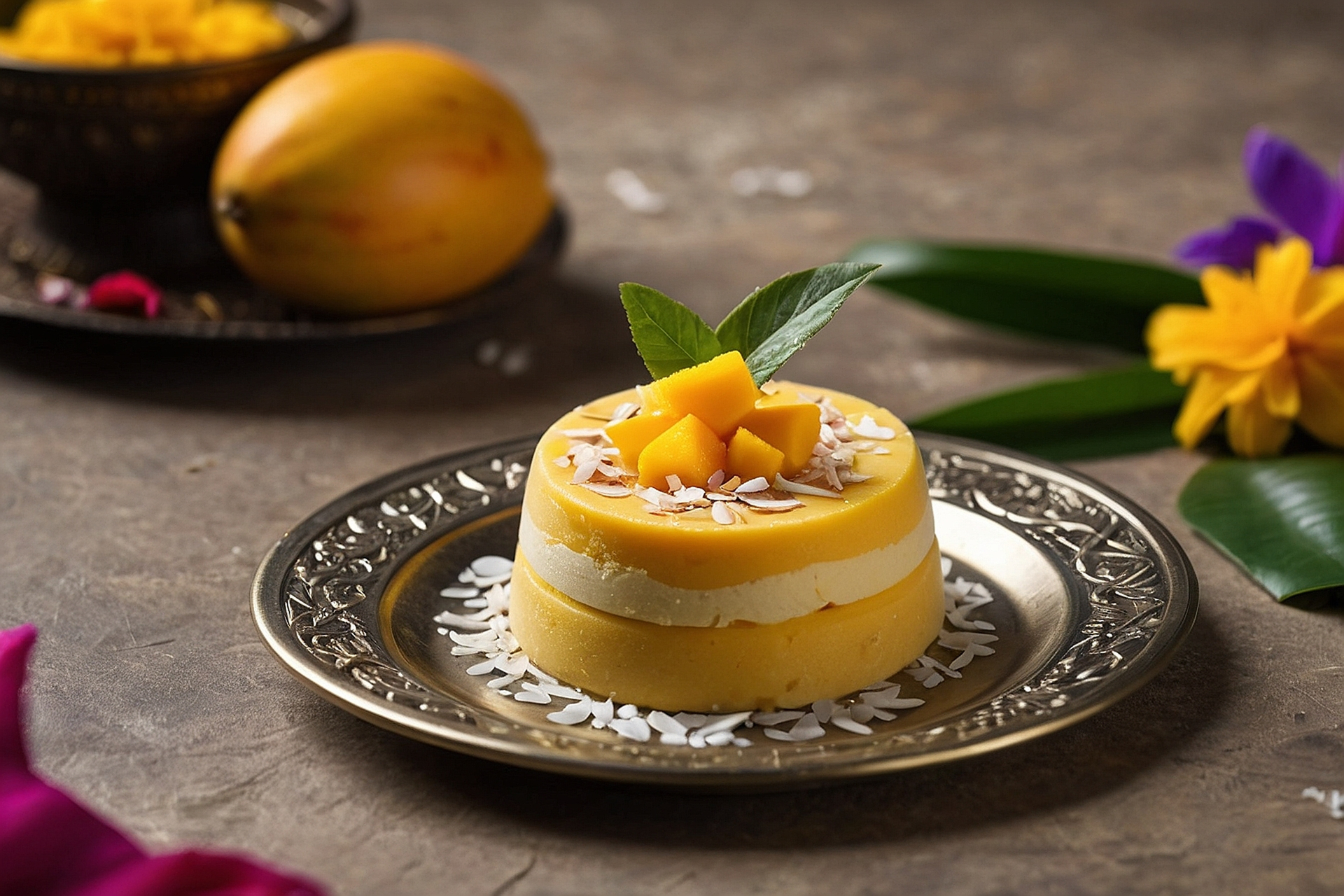 Luxurious Philippine Mango Royale Cake with Cashew Cream — Dessert served and photographed from above
