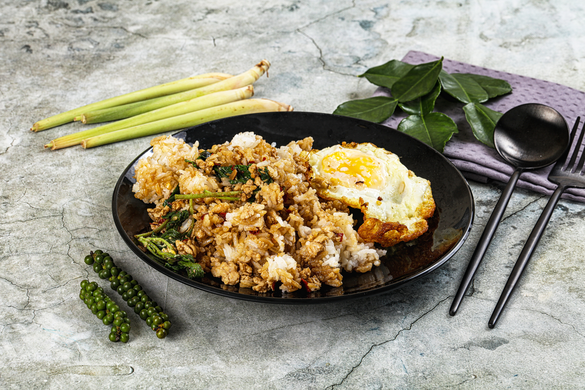 Luxurious Thai Basil Fried Rice with Sweet Soy Sauce — Main Course served and photographed from above