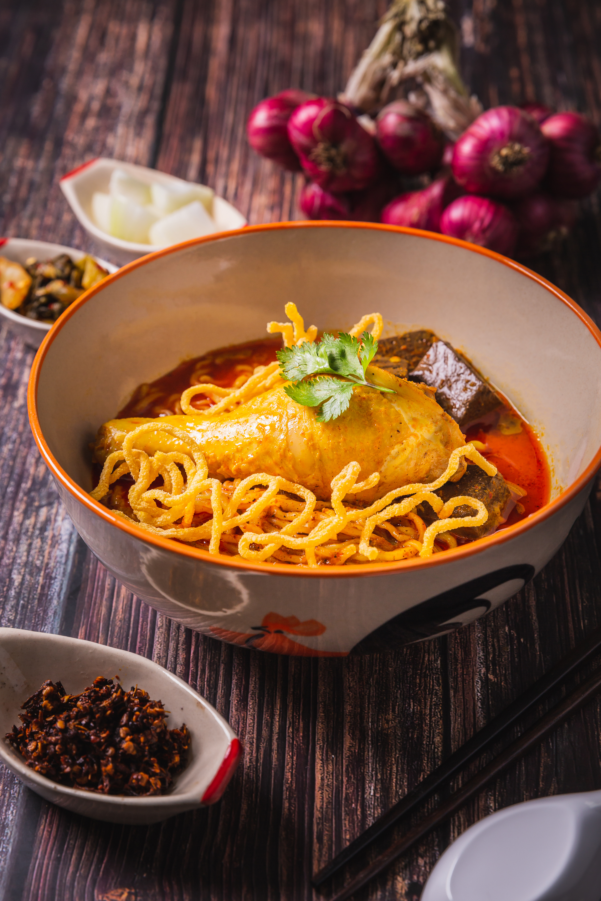 Malaysian Curry Mee with Yellow Noodles and Tofu — Main Course served and photographed from above