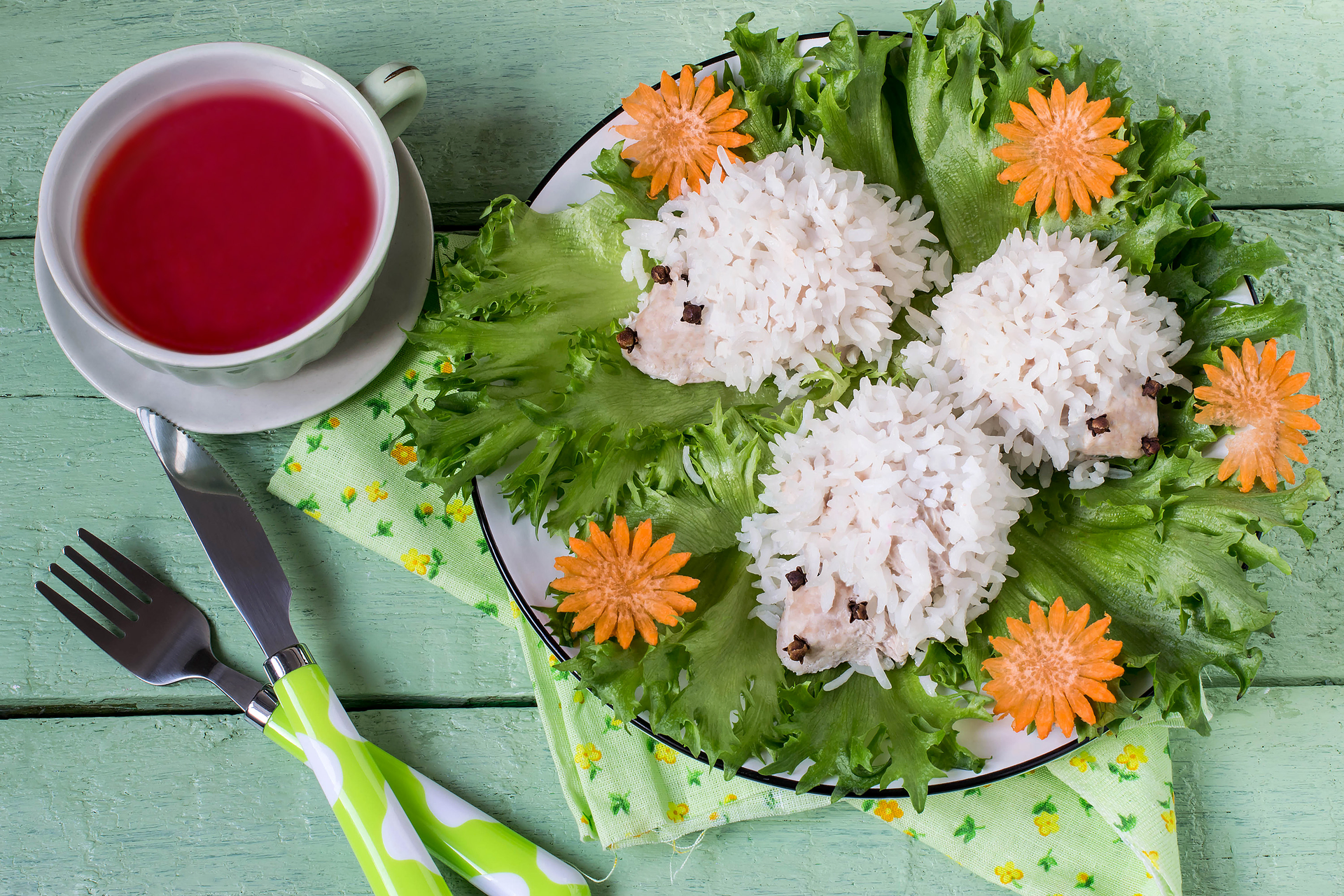 Overhead flat-lay of all ingredients for Malaysian Nasi Ulam with Fresh Herbs and Grated Coconut laid out on a kitchen surface.