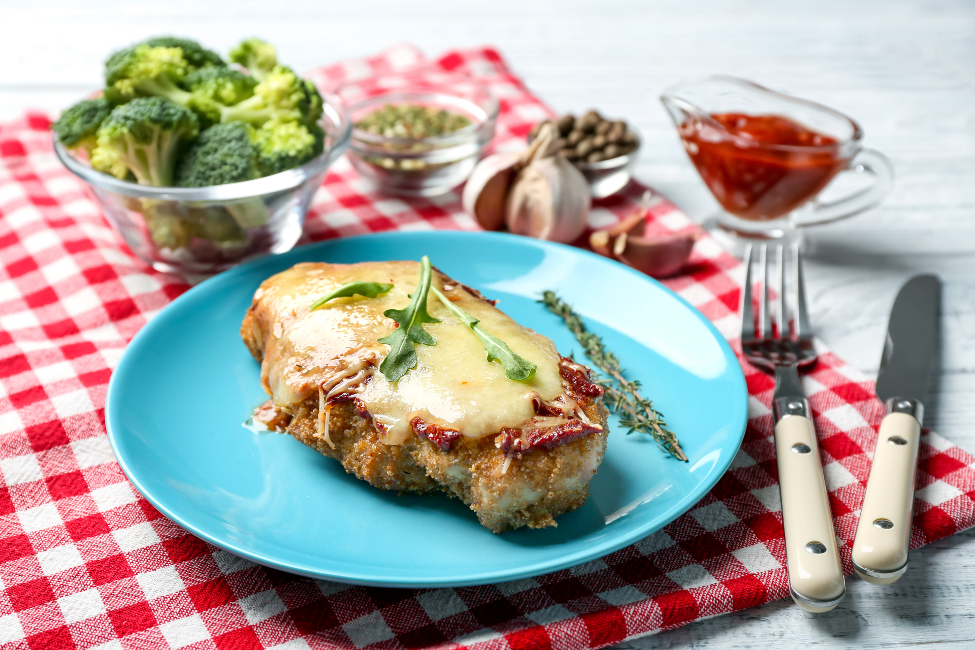 Overhead flat-lay of all ingredients for Maltese Bragoli with Bacon and Rosemary Stuffing laid out on a kitchen surface.