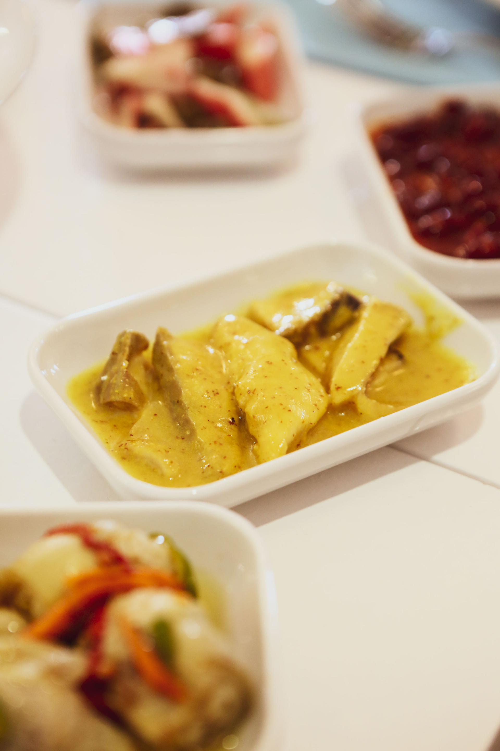 Mauritian Three Curry Saunds with Fermented Mango Chutney — Main Course served and photographed from above