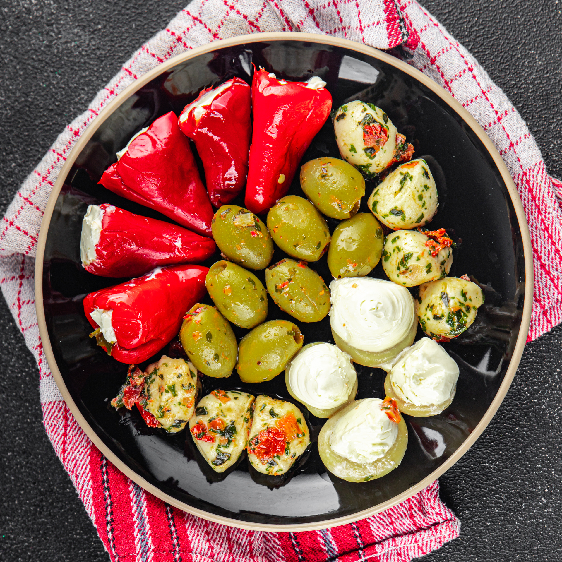 Mediterranean Feta and Olive-Stuffed Mini Peppers — Appetizer served and photographed from above