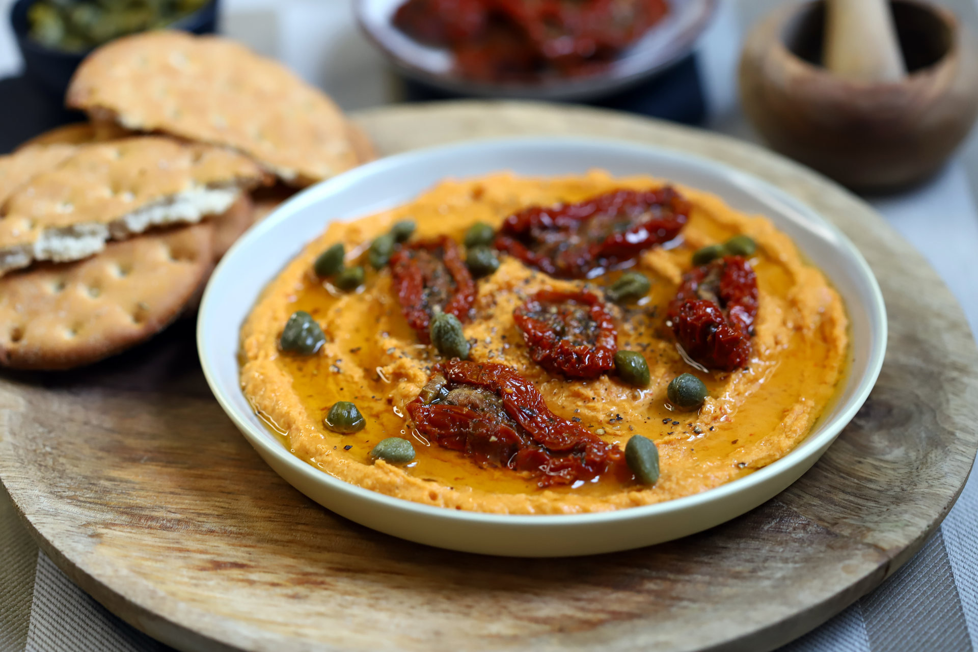 Mediterranean Spiced Lentil Dip with Sun-dried Tomatoes — Appetizer served and photographed from above