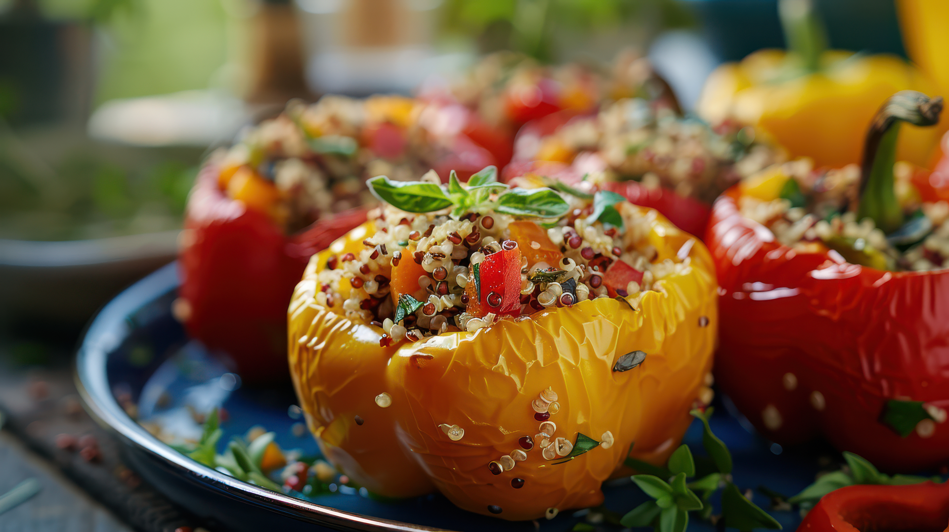 Overhead flat-lay of all ingredients for Mediterranean Stuffed Peppers with Quinoa and Herb Feta laid out on a kitchen surface.