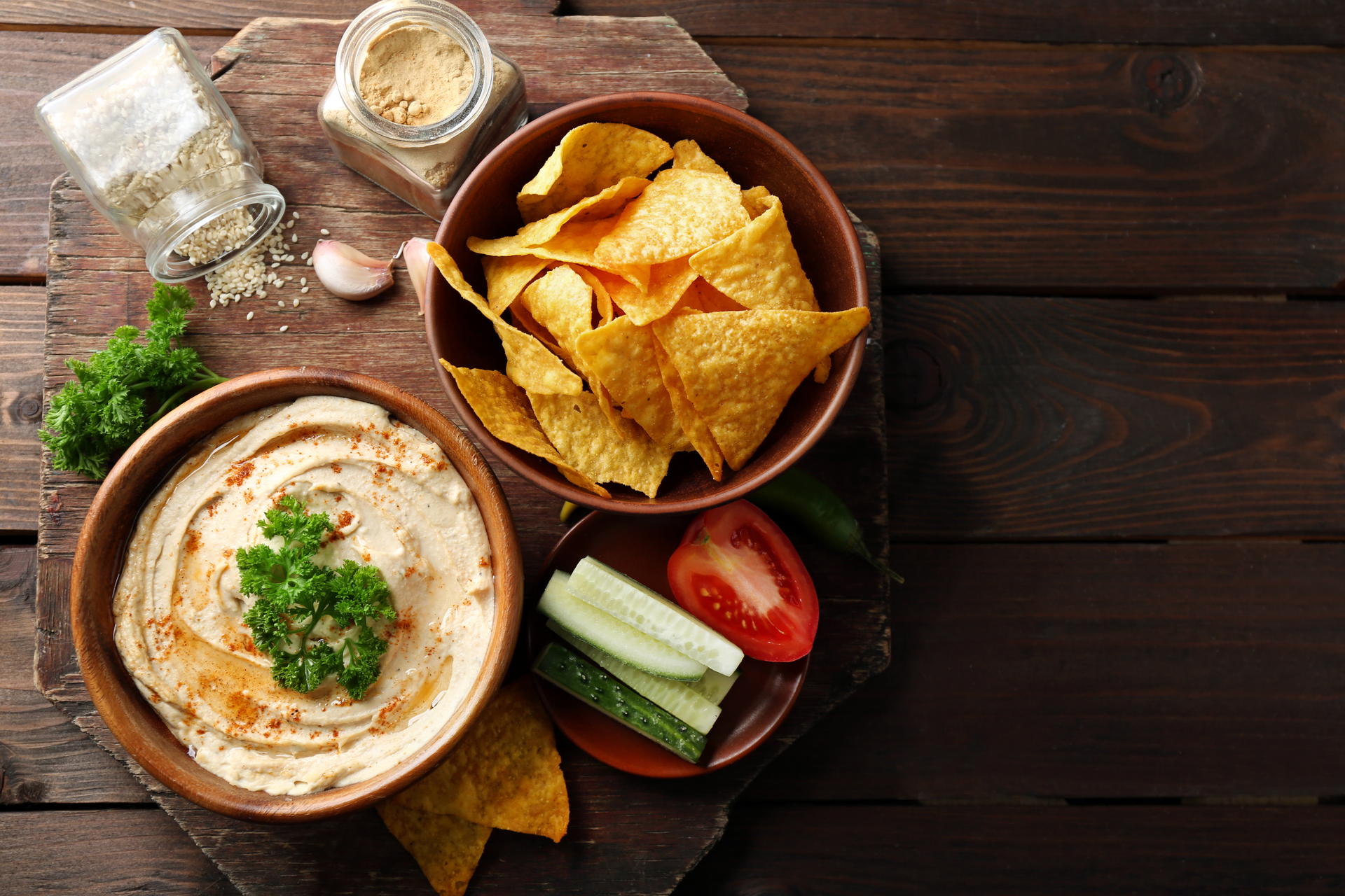 Mediterranean Za'atar Pita Chips with Spiced Hummus — Appetizer served and photographed from above