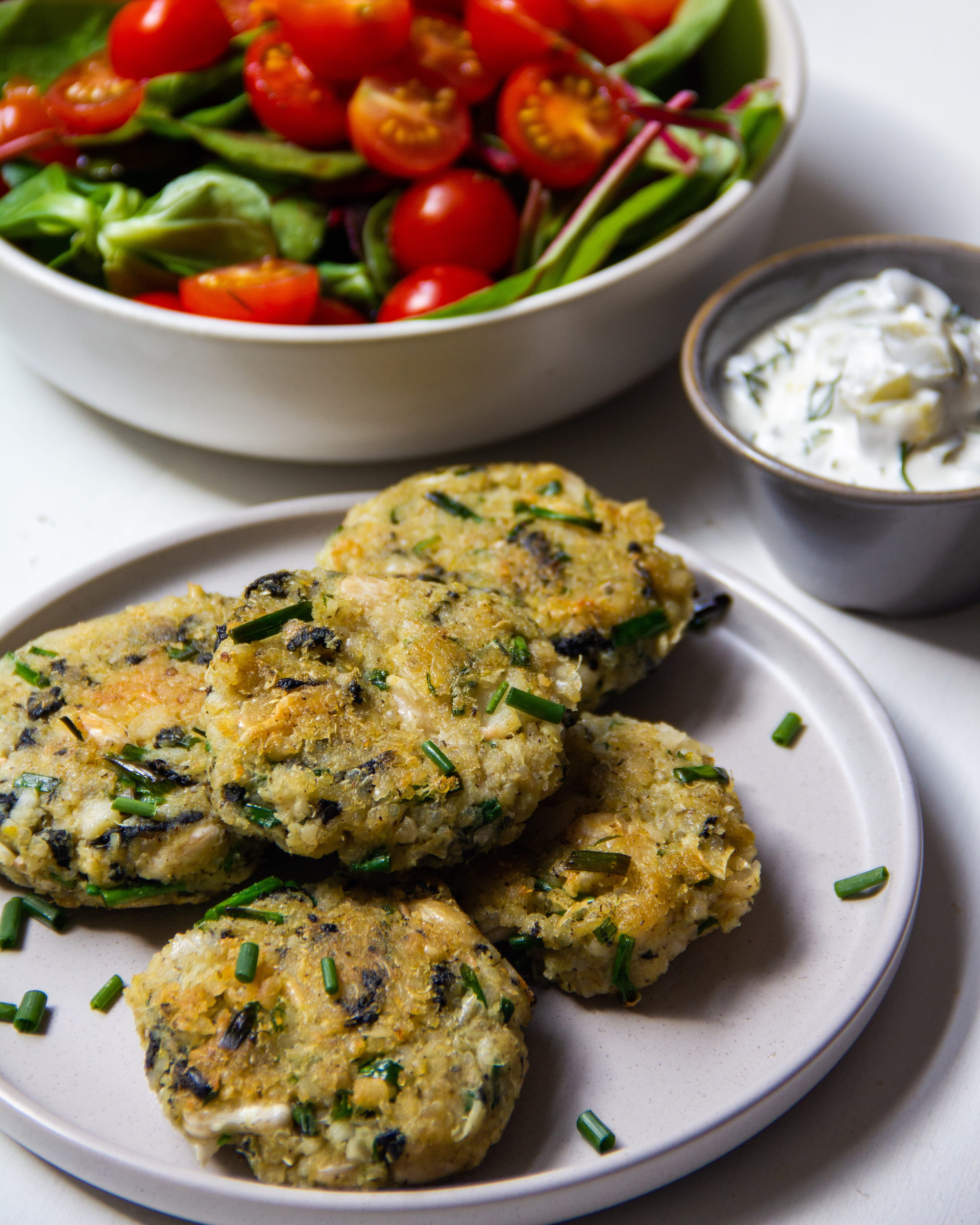 Mediterranean Zucchini Fritters with Feta and Mint — Appetizer served and photographed from above