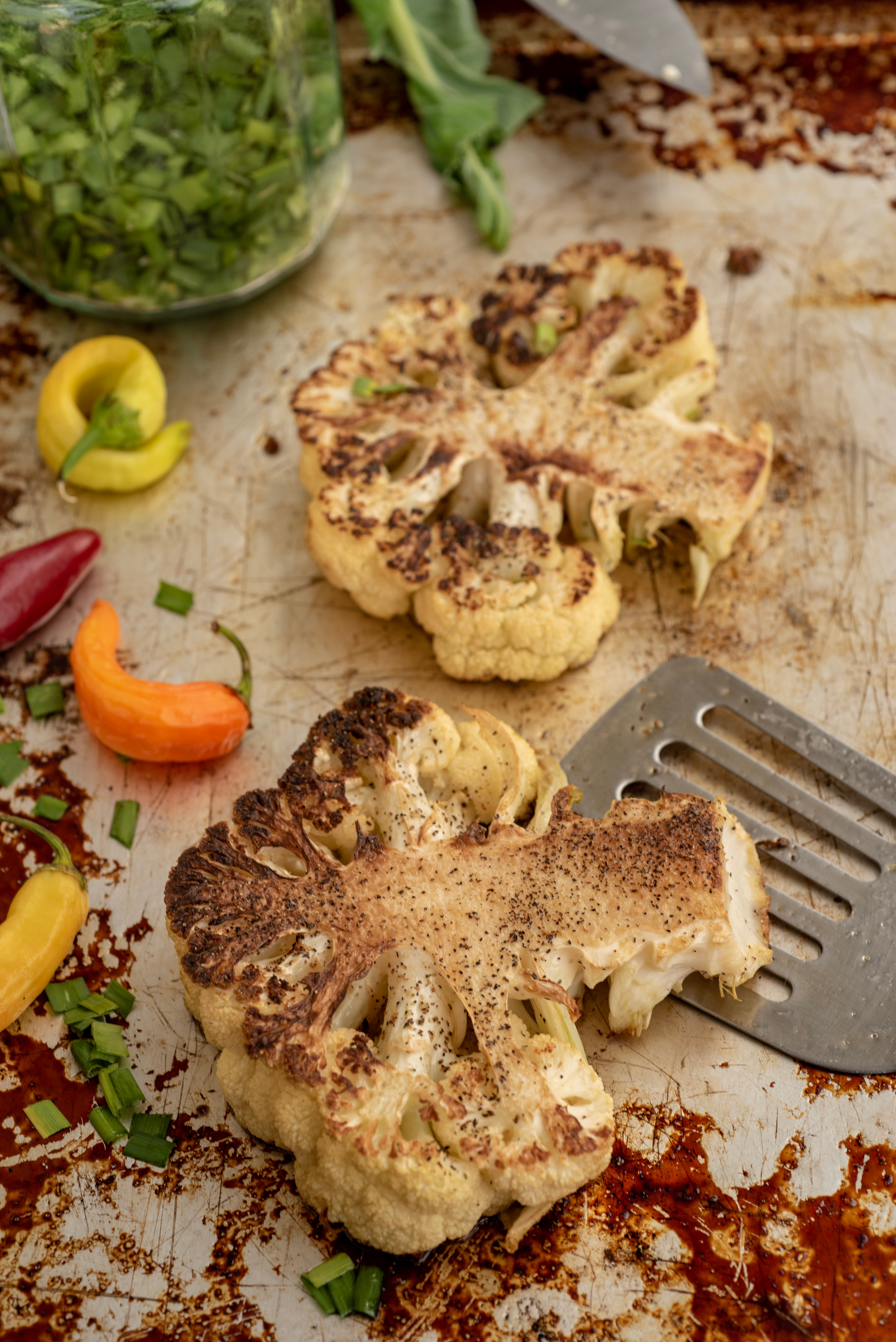 Middle Eastern Shawarma Spiced Cauliflower with Tahini Drizzle — Main Course served and photographed from above