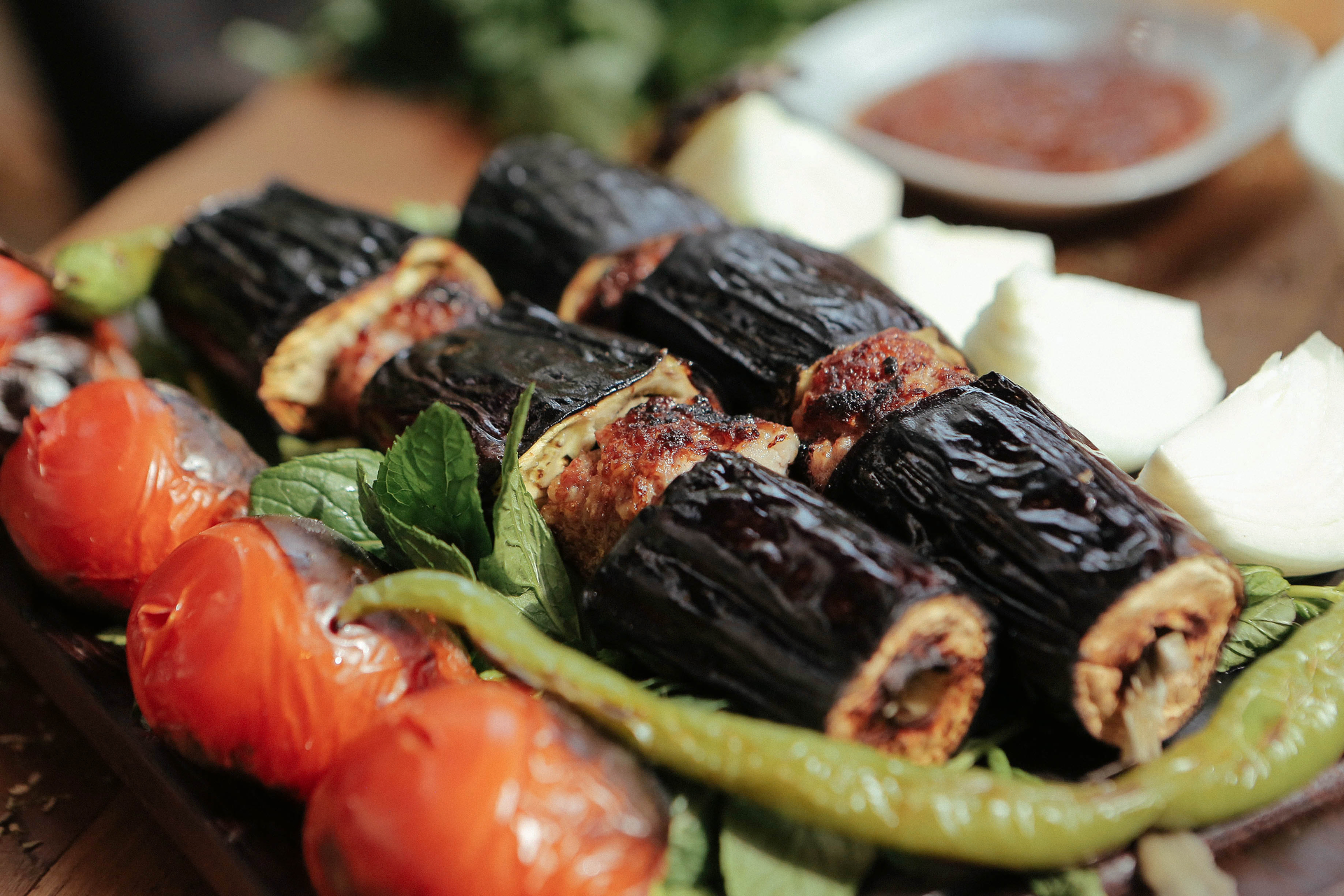 Middle Eastern Za'atar Grilled Eggplant Rolls — Appetizer served and photographed from above