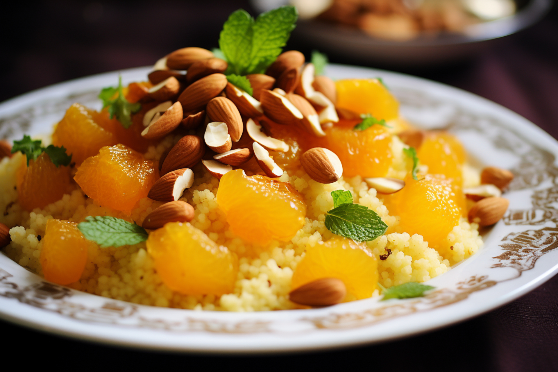Overhead flat-lay of all ingredients for Moroccan Apricot and Almond Couscous with Cinnamon Honey Drizzle laid out on a kitchen surface.