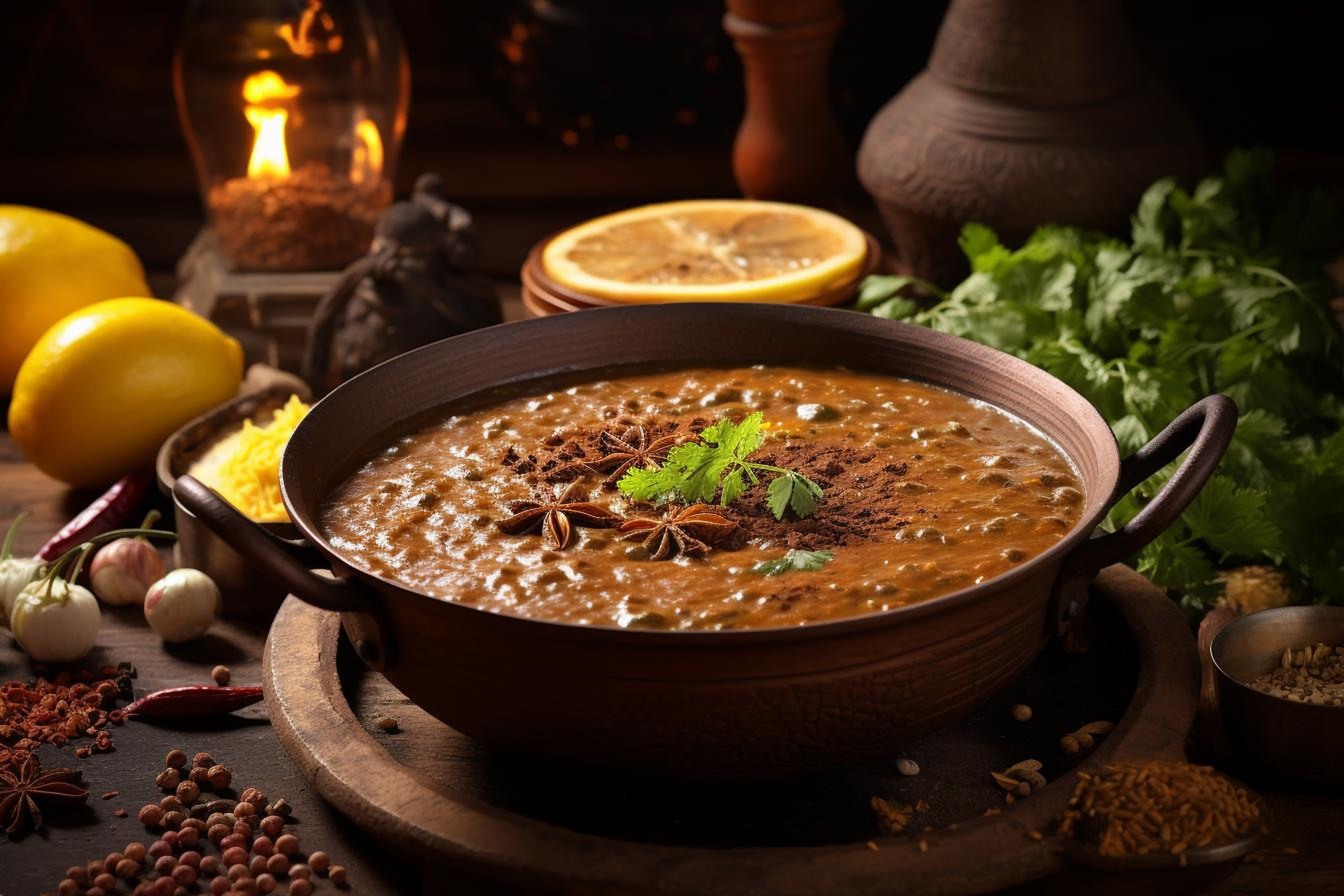 Overhead flat-lay of all ingredients for Moroccan Aromatic Lamb Harira with Cinnamon and Cloves laid out on a kitchen surface.