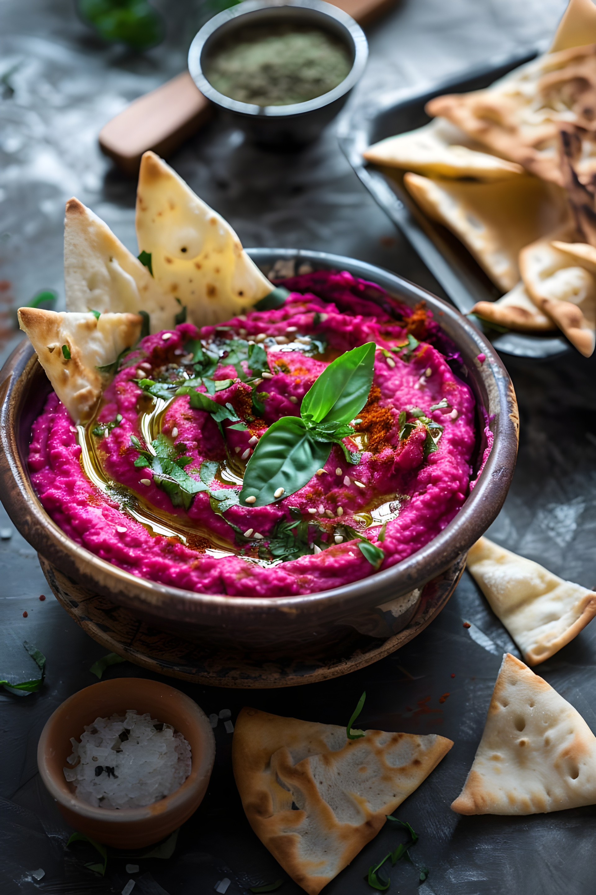 Overhead flat-lay of all ingredients for Moroccan Beetroot Fatteh with Preserved Lemons and Spice laid out on a kitchen surface.