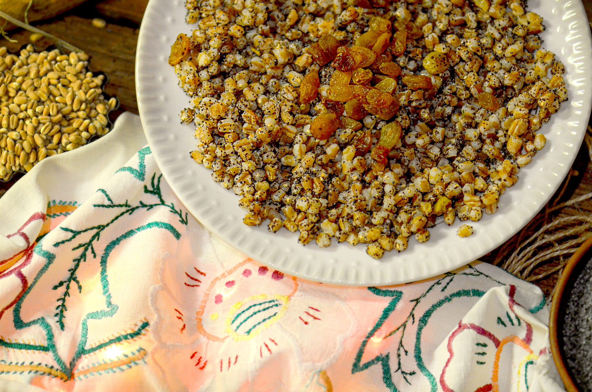 Moroccan Berber Wheat Couscous with Saffron and Raisins — Main Course served and photographed from above
