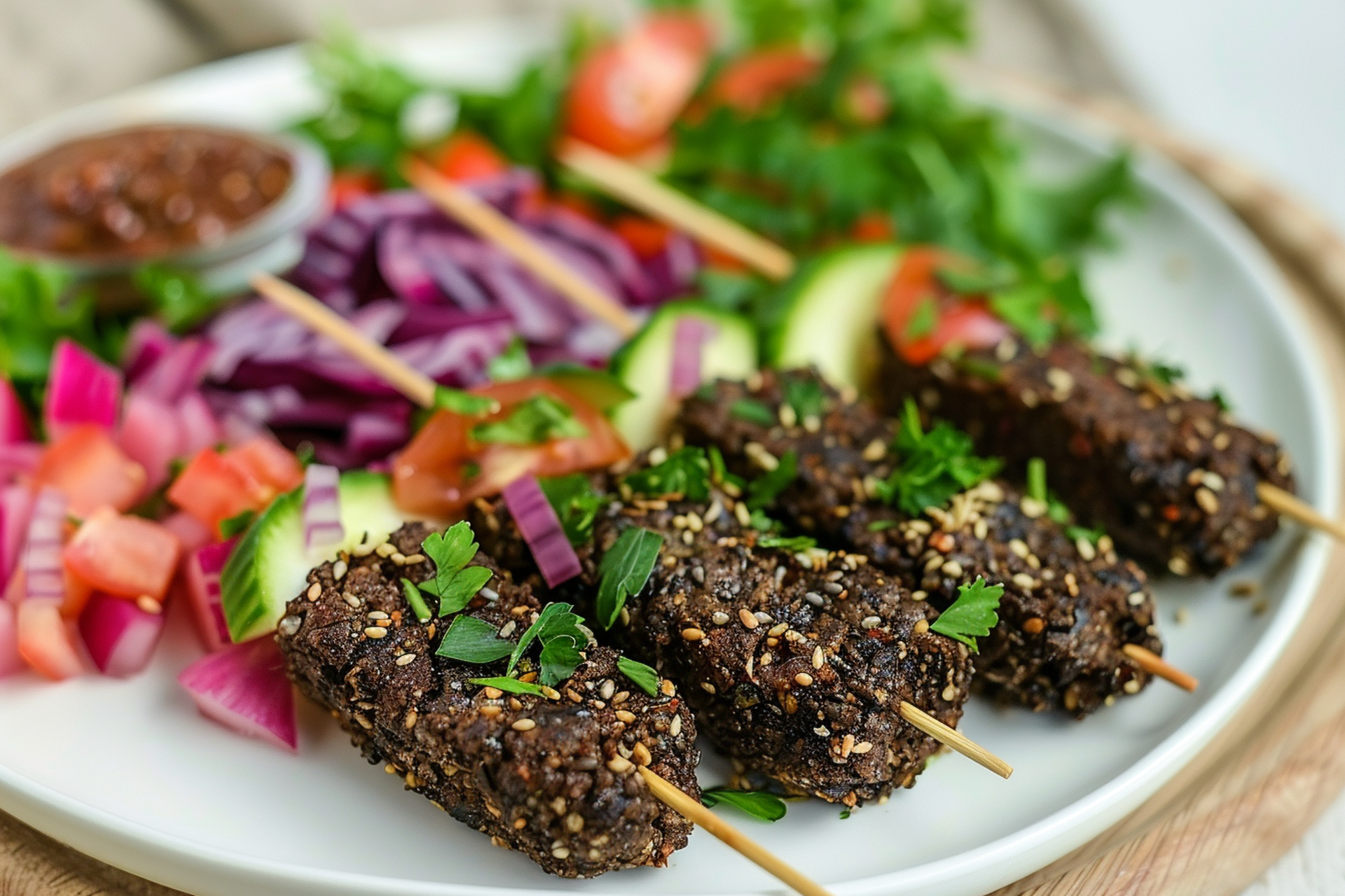 Moroccan Chermoula-Marinated Seitan Kabobs with Raisin Couscous — Main Course served and photographed from above
