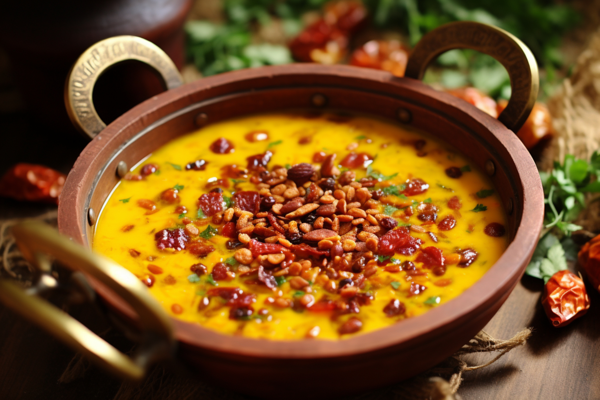 Overhead flat-lay of all ingredients for Moroccan Harira with Lentils and Saffron laid out on a kitchen surface.