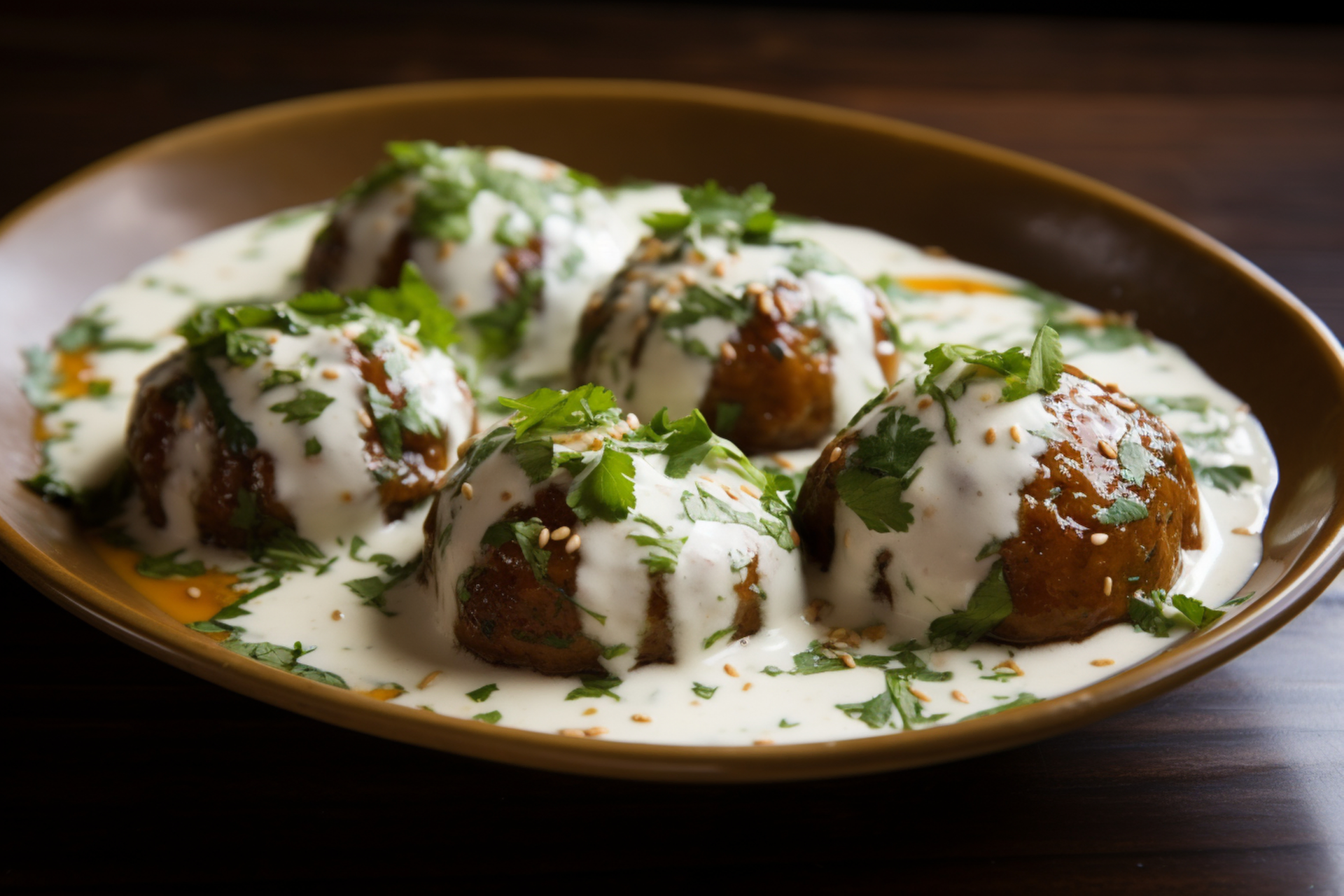 Overhead flat-lay of all ingredients for Moroccan Harissa Lamb Meatballs with Minted Yogurt Dressing laid out on a kitchen surface.