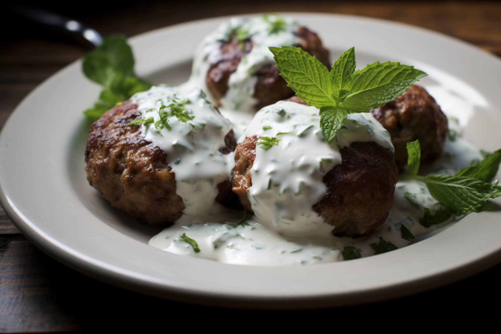 Moroccan Harissa Lamb Meatballs with Minted Yogurt Dressing — Main Course served and photographed from above