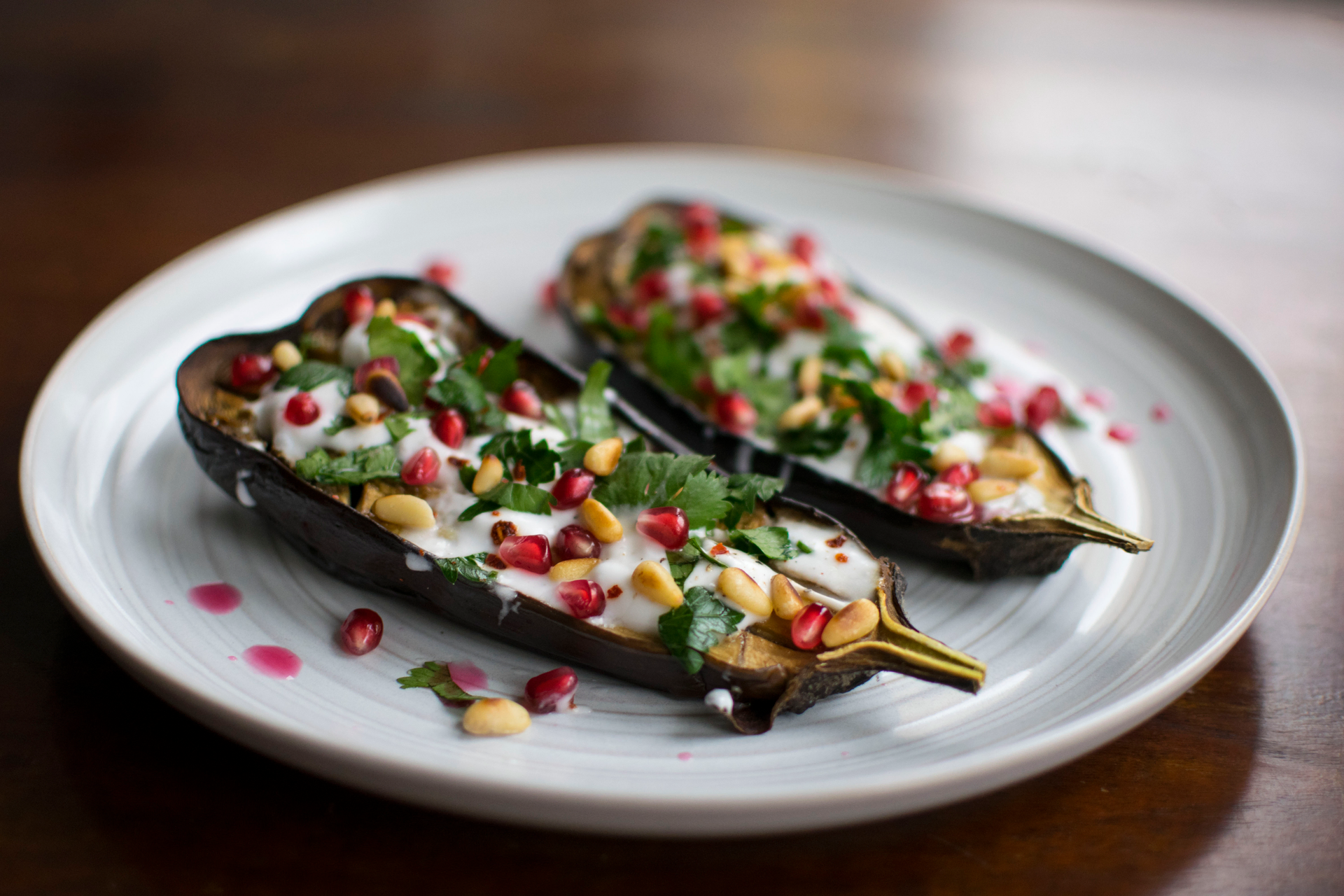 Moroccan Harissa Rubbed Grilled Eggplant with Feta Cheese — Main Course served and photographed from above