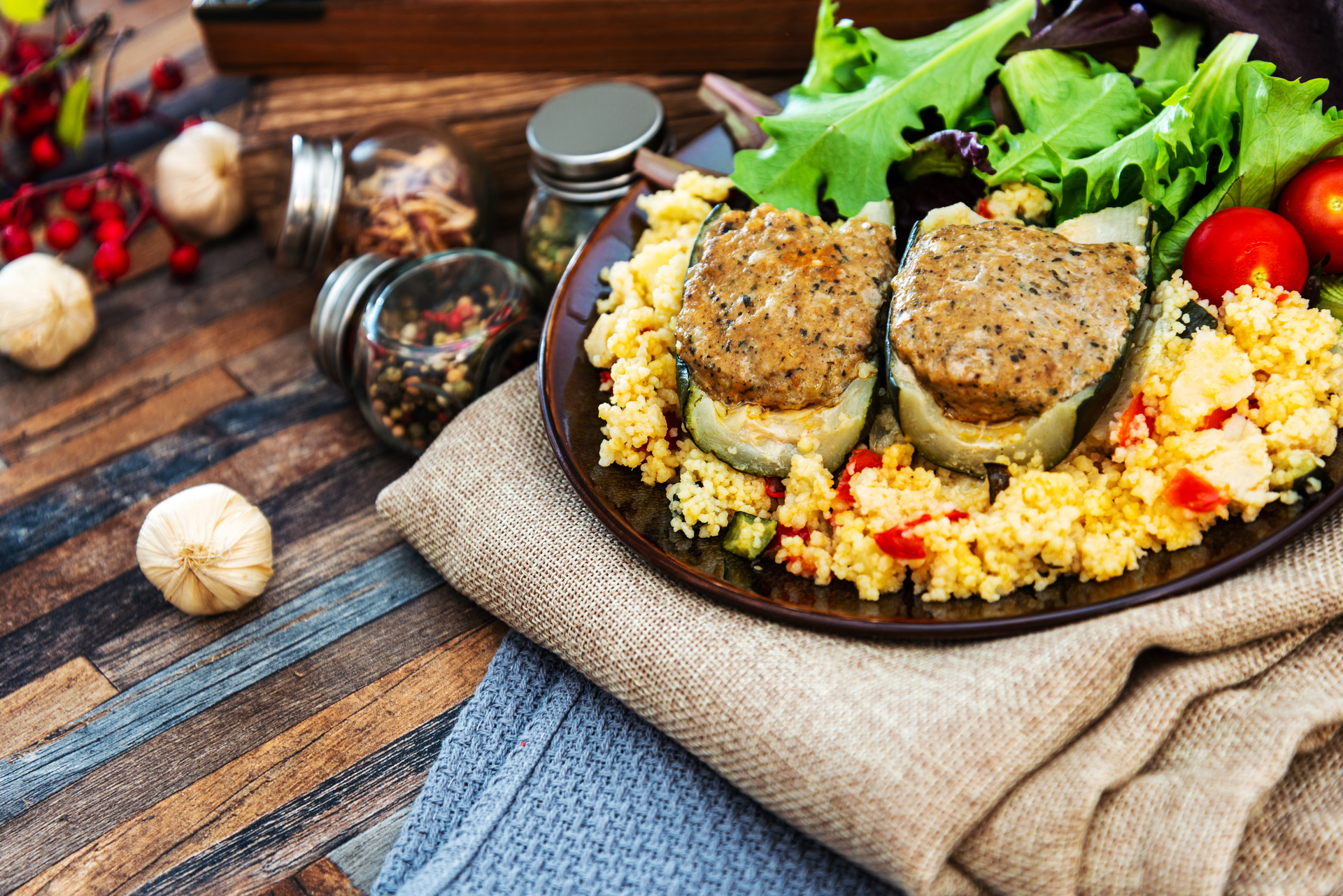 Moroccan Lemon Herb Couscous with Roasted Vegetables — Side Dish served and photographed from above