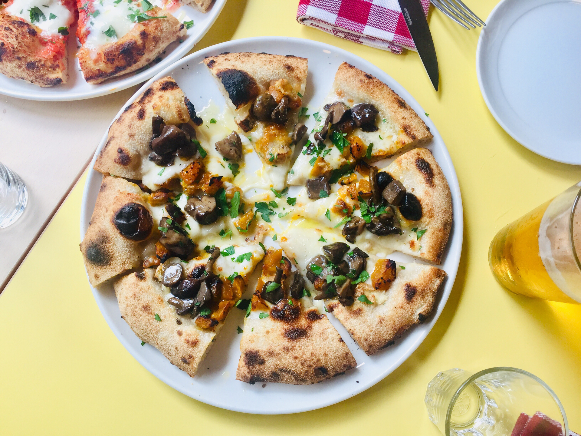 Moroccan Preserved Lemon and Olive Chicken Pizza — Main Course served and photographed from above