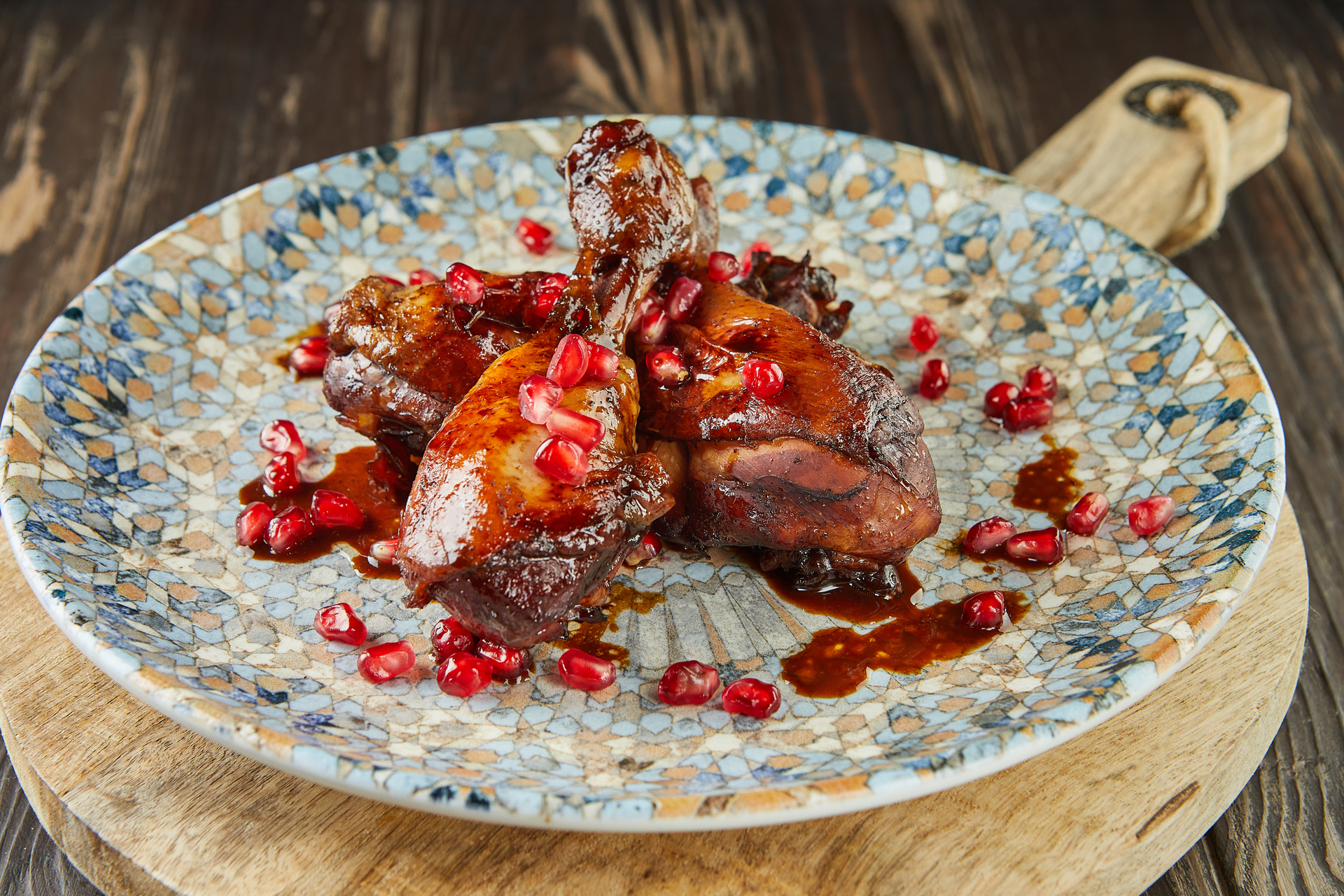 Moroccan Ras El Hanout Chicken Wings with Pomegranate Glaze — Main Course served and photographed from above
