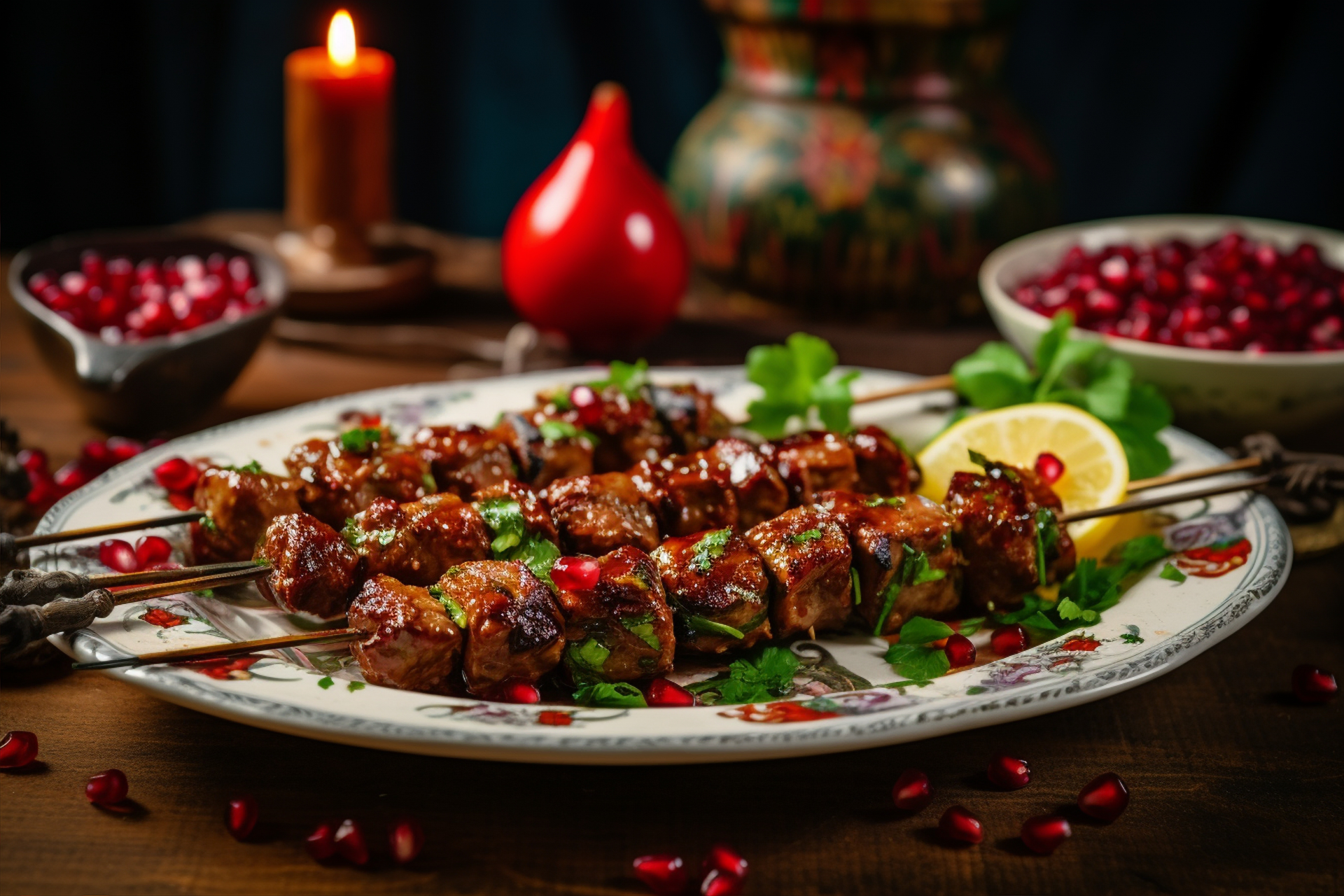 Overhead flat-lay of all ingredients for Moroccan Rose Harissa Lamb Skewers with Pomegranate Glaze laid out on a kitchen surface.