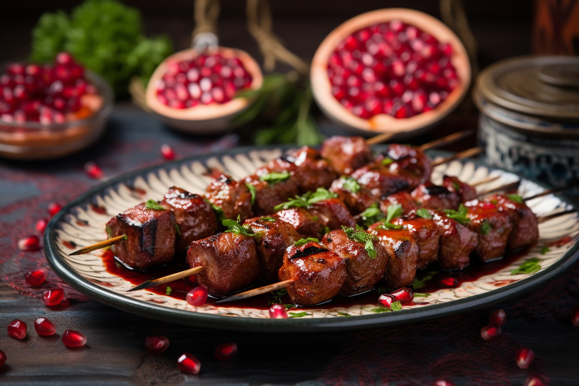Moroccan Rose Harissa Lamb Skewers with Pomegranate Glaze — Main Course served and photographed from above