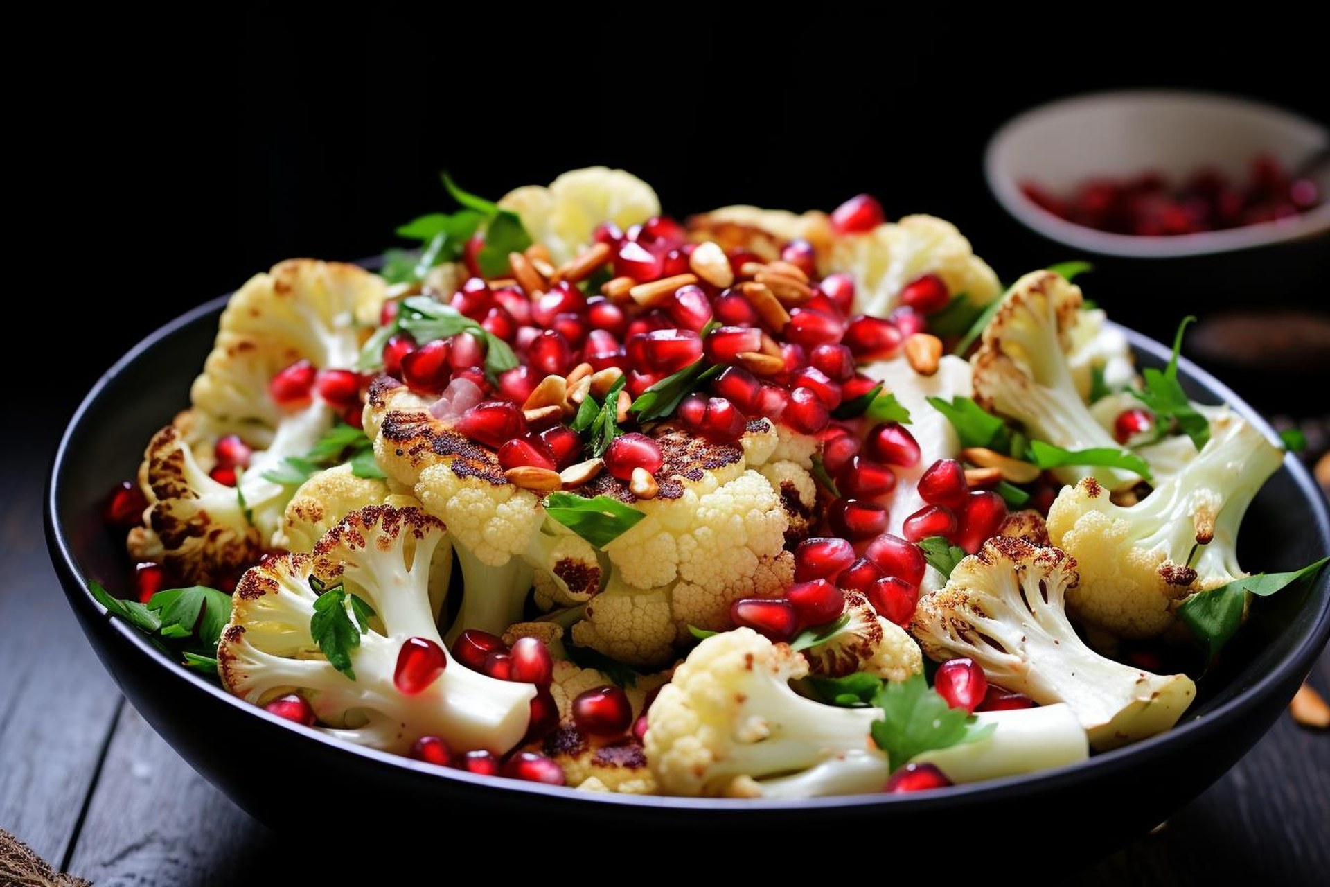 Overhead flat-lay of all ingredients for Moroccan Spiced Cauliflower Farro Bowls with Pomegranate Drizzle laid out on a kitchen surface.