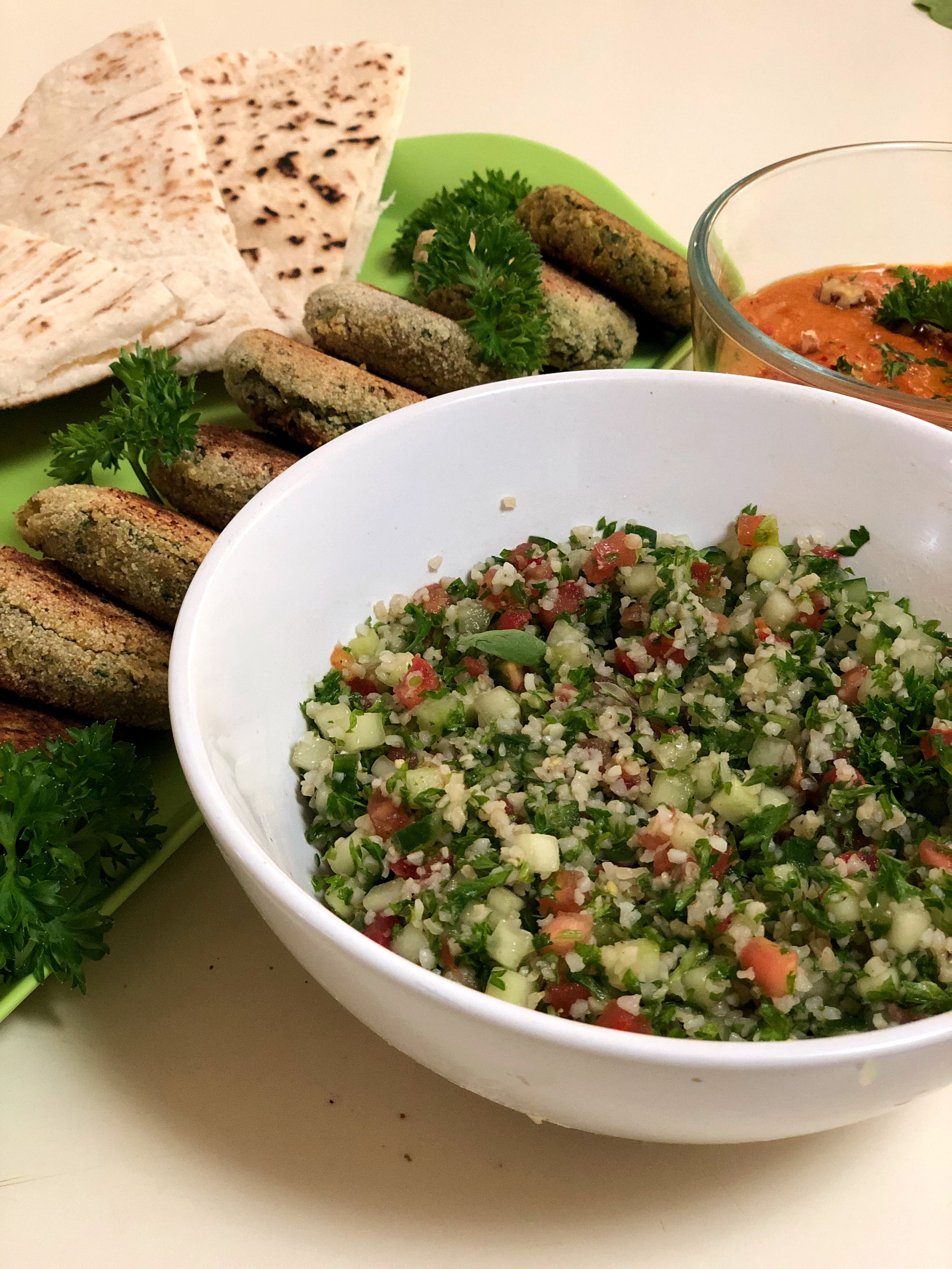 Moroccan Spiced Lentil and Quinoa Salad with Harissa Vinaigrette — Salad served and photographed from above