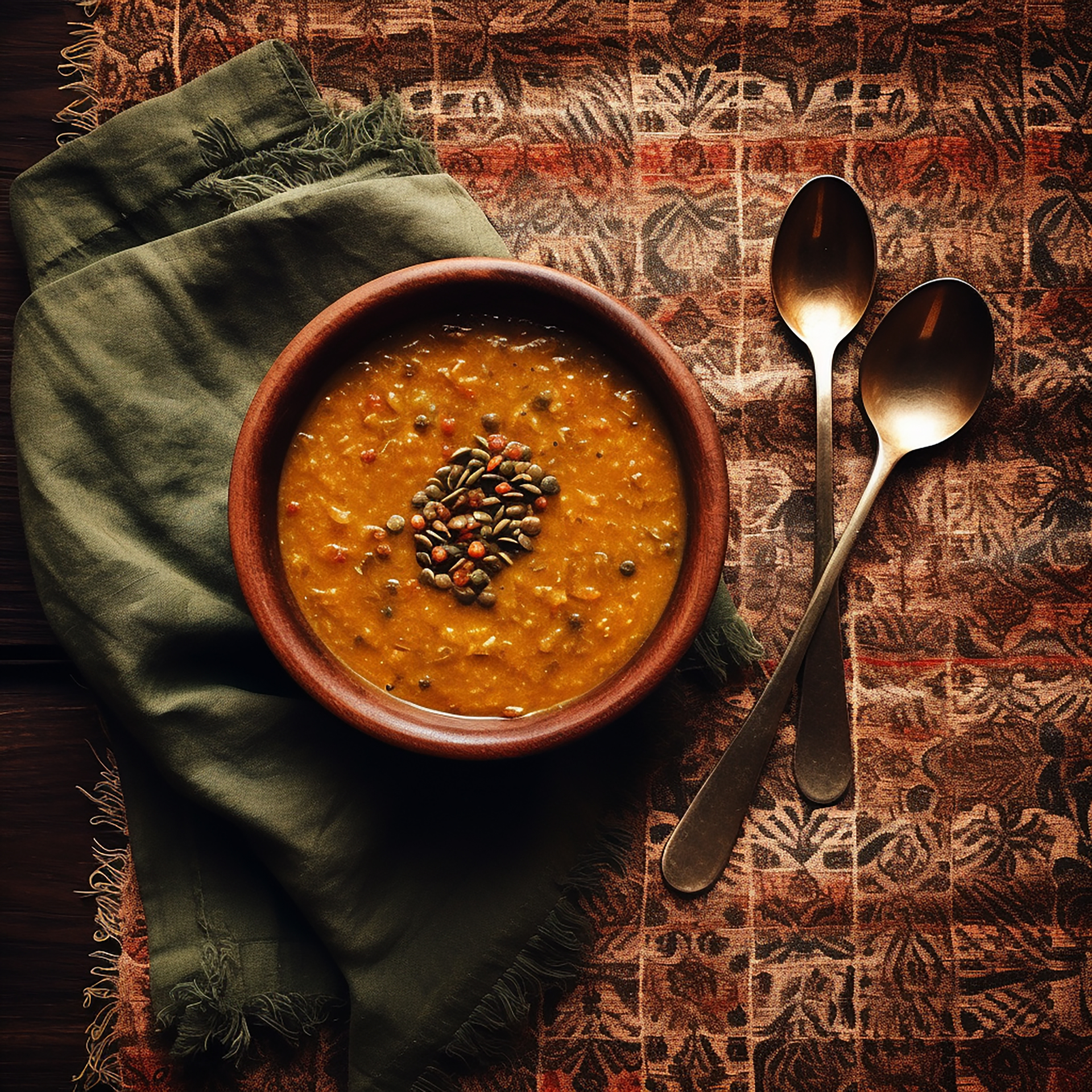 Overhead flat-lay of all ingredients for Moroccan Spiced Lentil Soup laid out on a kitchen surface.