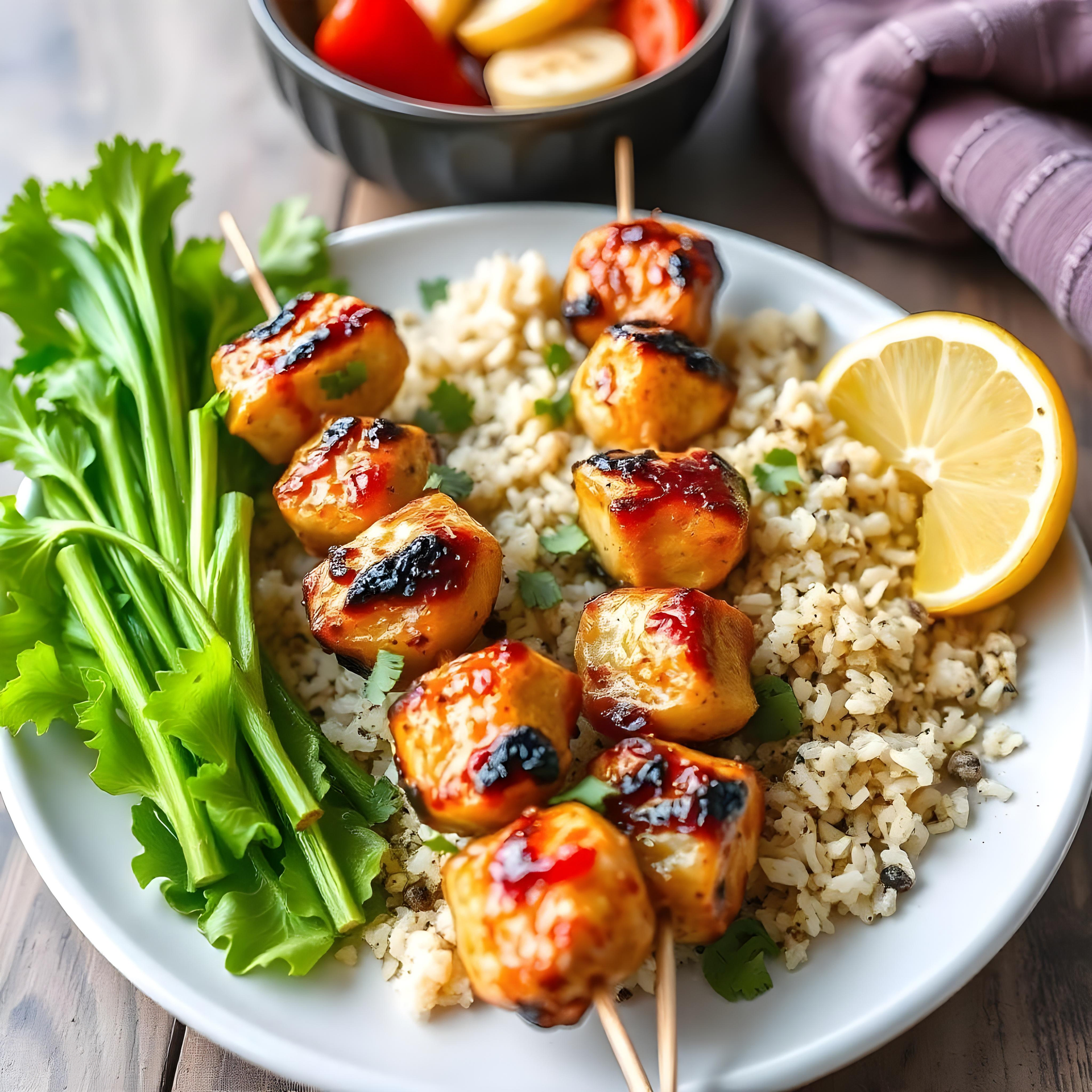 Moroccan Spiced Preserved Lemon Chicken Skewers with Minted Couscous — Main Course served and photographed from above