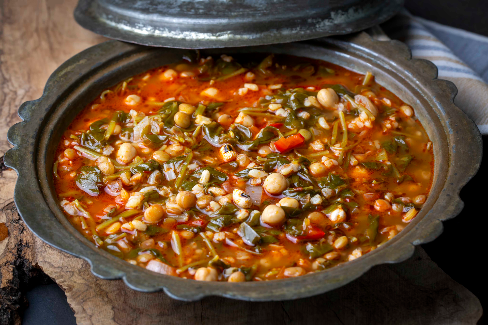 North African Spiced Lentil and Date Tagine with Lemon Za'atar Yogurt — Main Course served and photographed from above