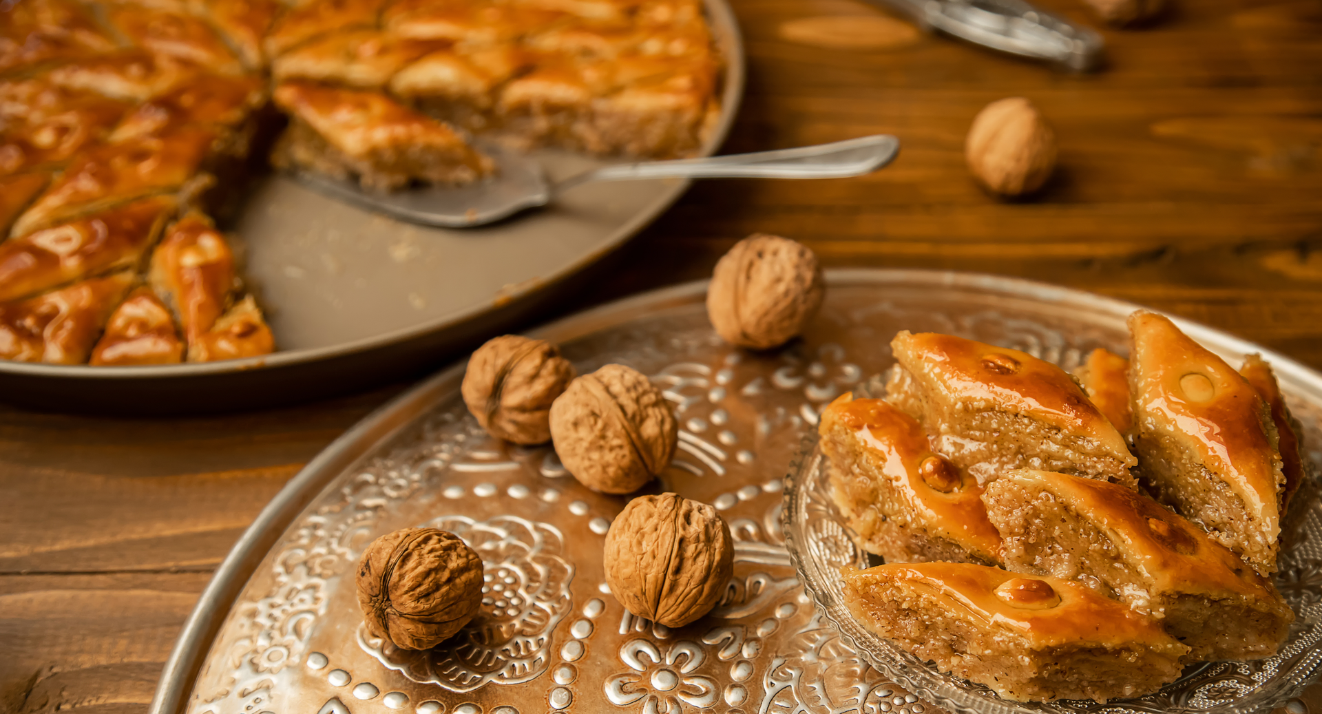 Nutty Armenian Gata Pastry with Walnut Filling — Dessert served and photographed from above