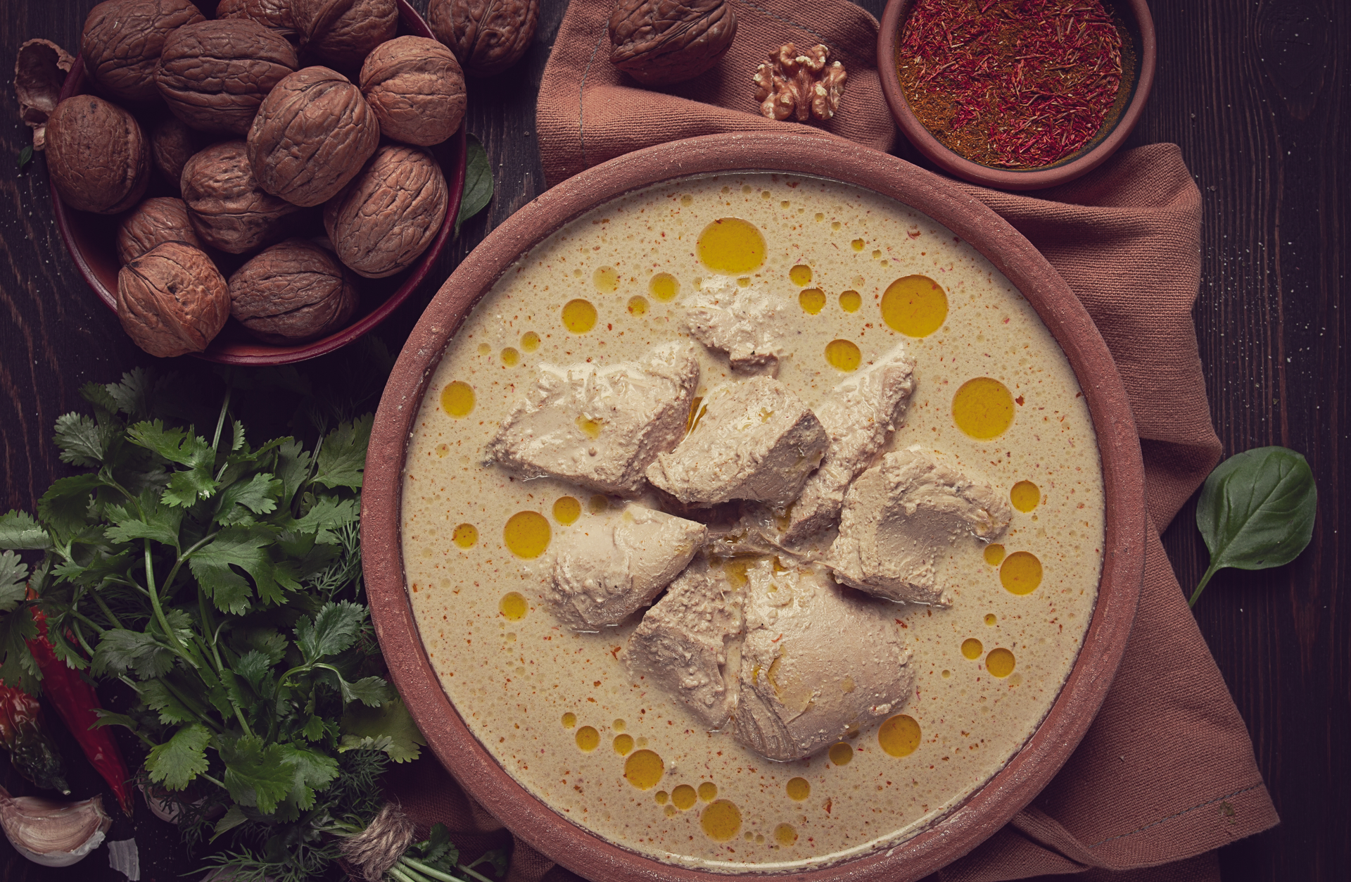 Nutty Georgian Chicken Satsivi — Main Course served and photographed from above