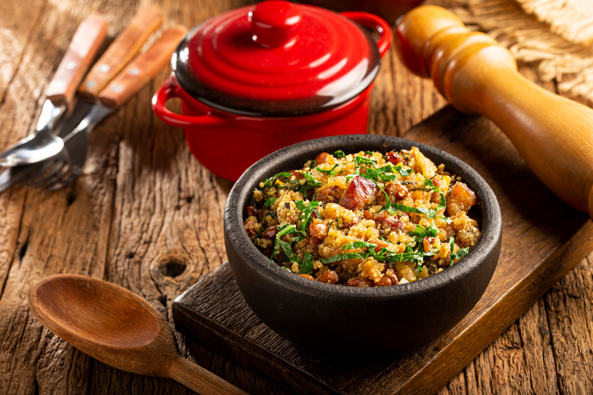Overhead flat-lay of all ingredients for Nutty Peruvian Quinoa Stew with Andean Herbs laid out on a kitchen surface.