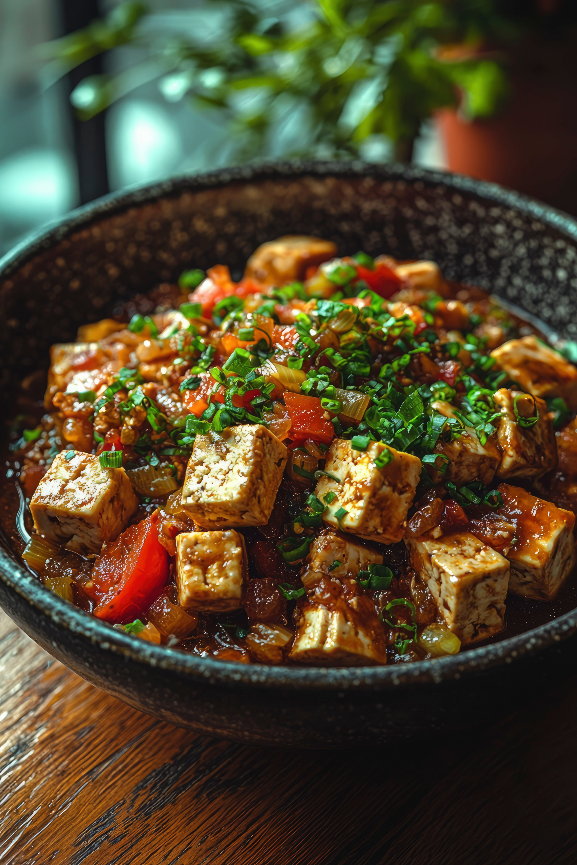 Overhead flat-lay of all ingredients for Nutty Senegalese Yassa Tofu with Lime and Chili laid out on a kitchen surface.