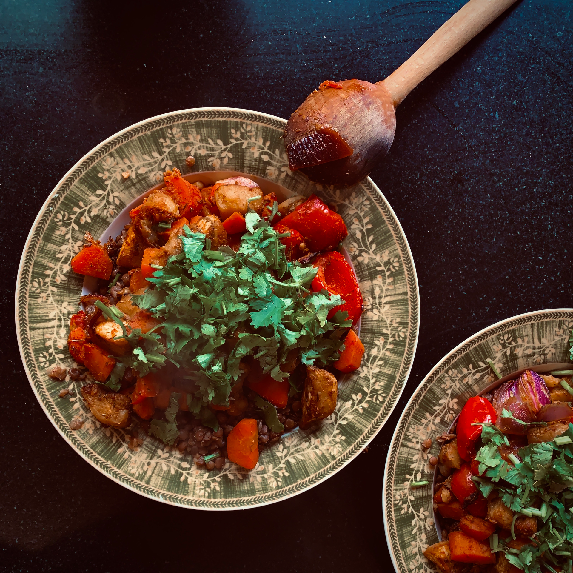 Overhead flat-lay of all ingredients for Palestinian Maftoul with Warm Spices and Vegetables laid out on a kitchen surface.