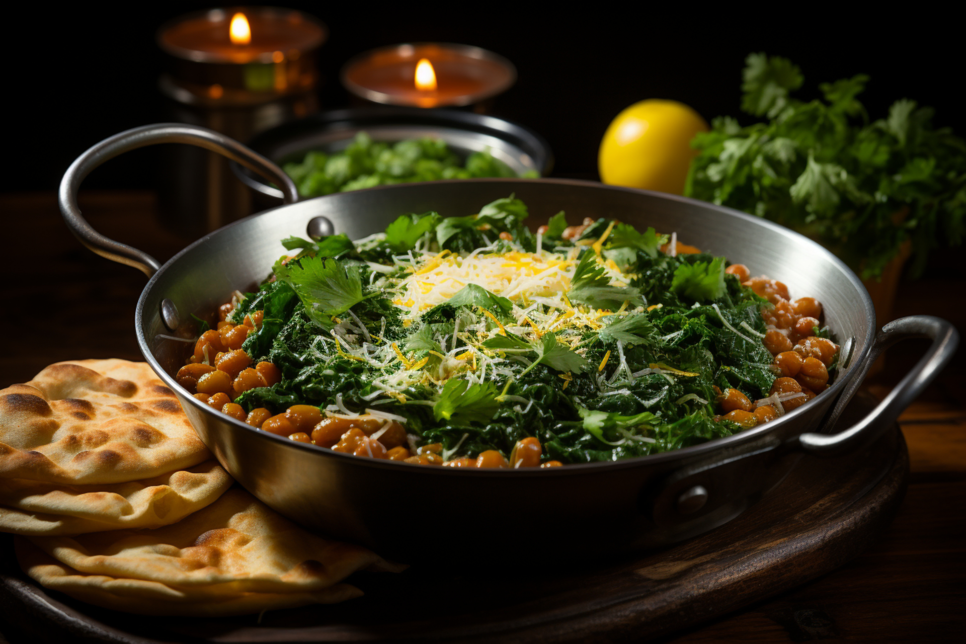Overhead flat-lay of all ingredients for Persian Aash Reshteh with Chickpeas and Fresh Herbs laid out on a kitchen surface.