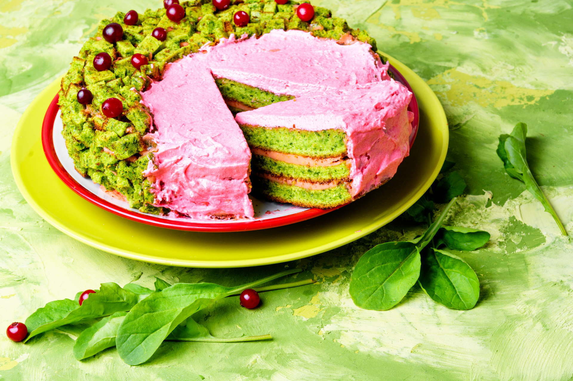 Overhead flat-lay of all ingredients for Persian Pistachio Rose Cake laid out on a kitchen surface.