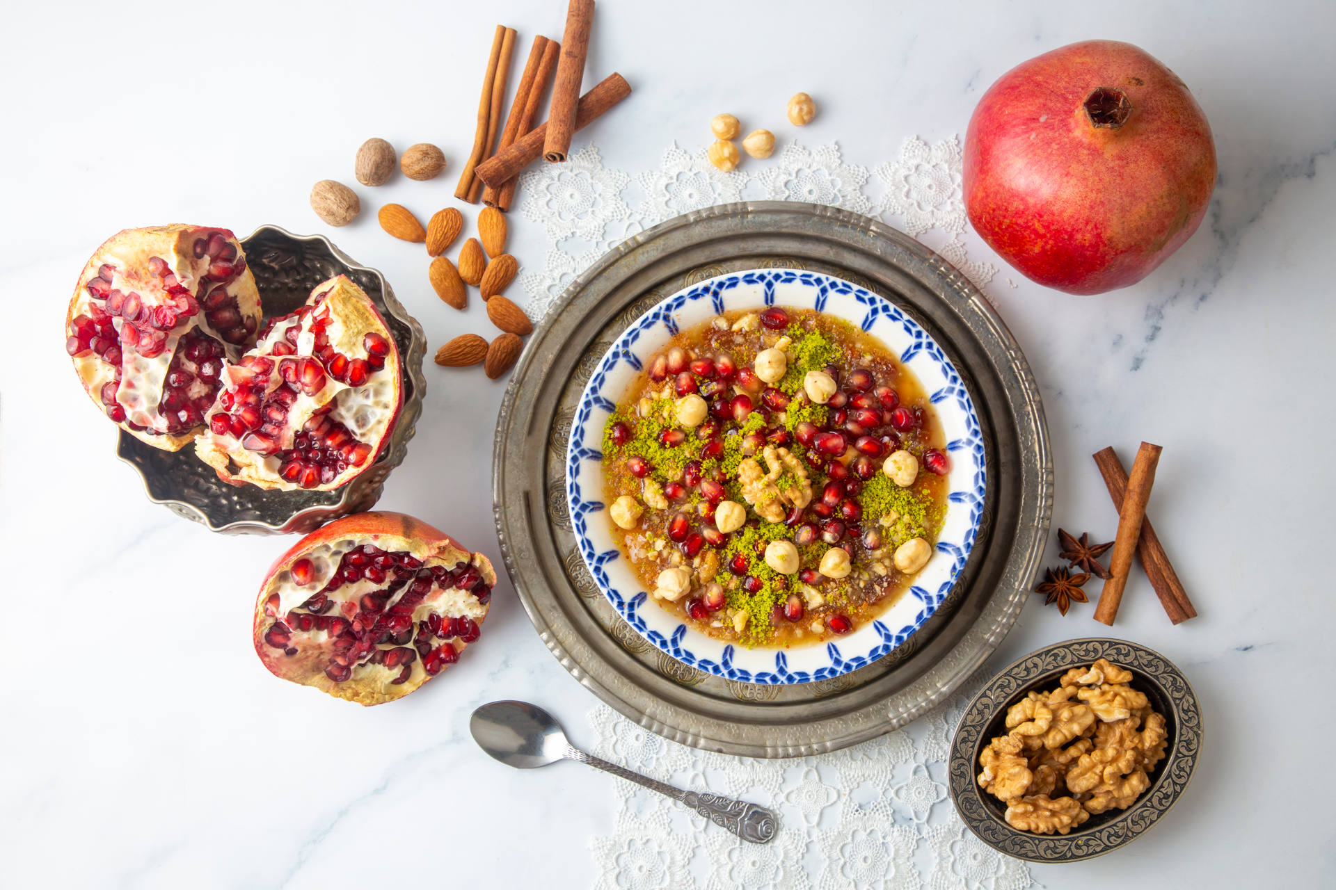 Persian Pomegranate Lamb Stew with Walnuts and Saffron — Main Course served and photographed from above