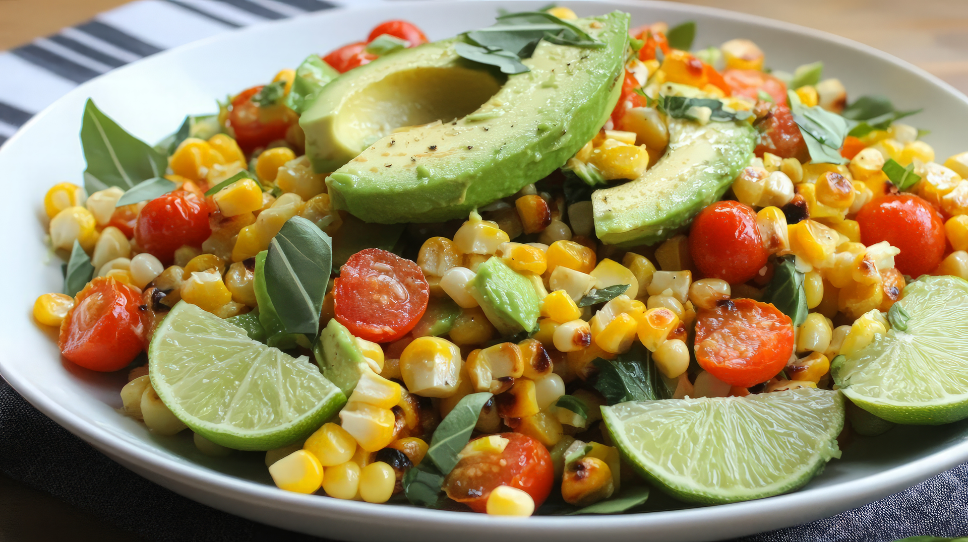 Overhead flat-lay of all ingredients for Peruvian Avocado and Sweet Corn Salad with Quinoa laid out on a kitchen surface.