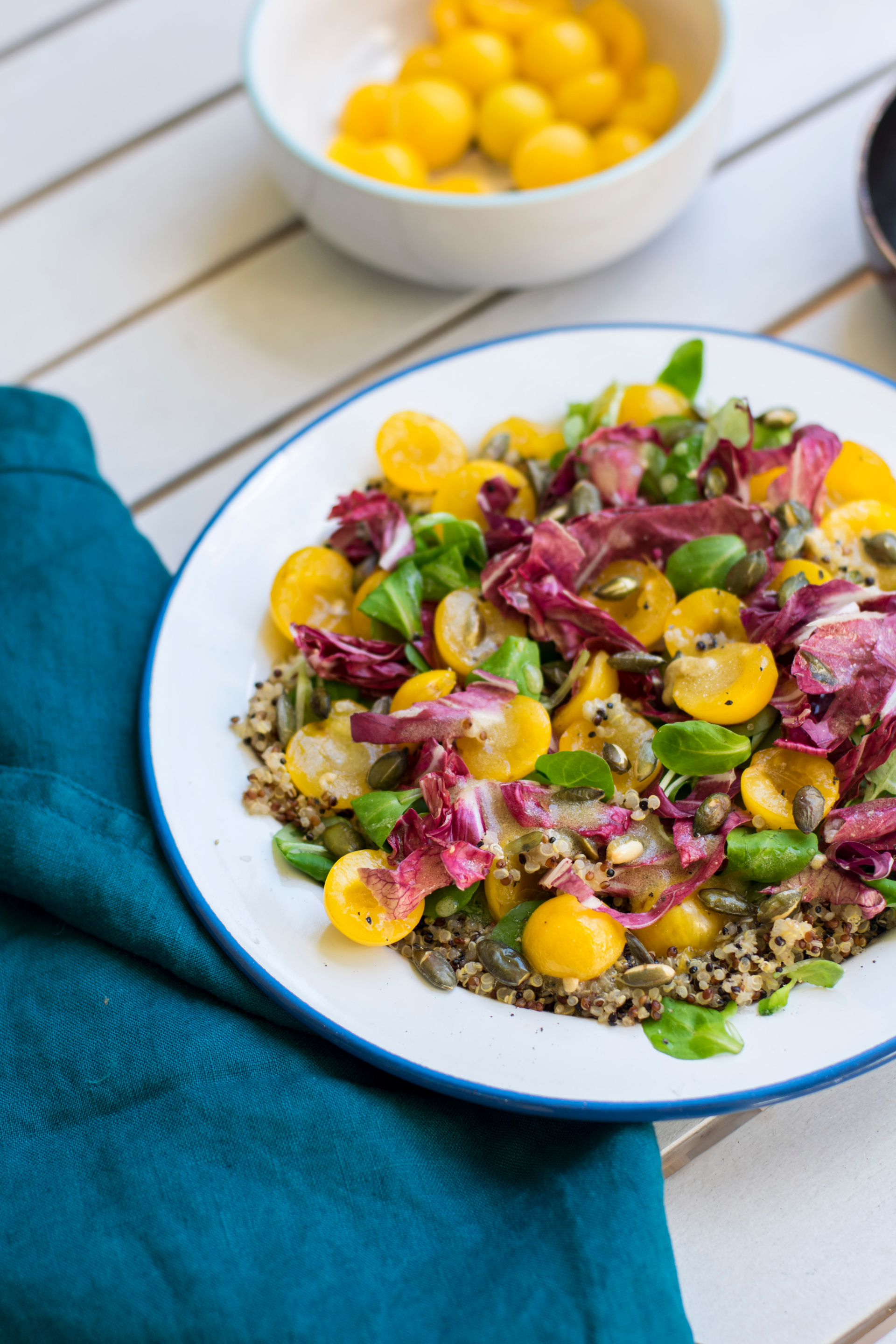 Peruvian Avocado and Sweet Corn Salad with Quinoa — Salad served and photographed from above