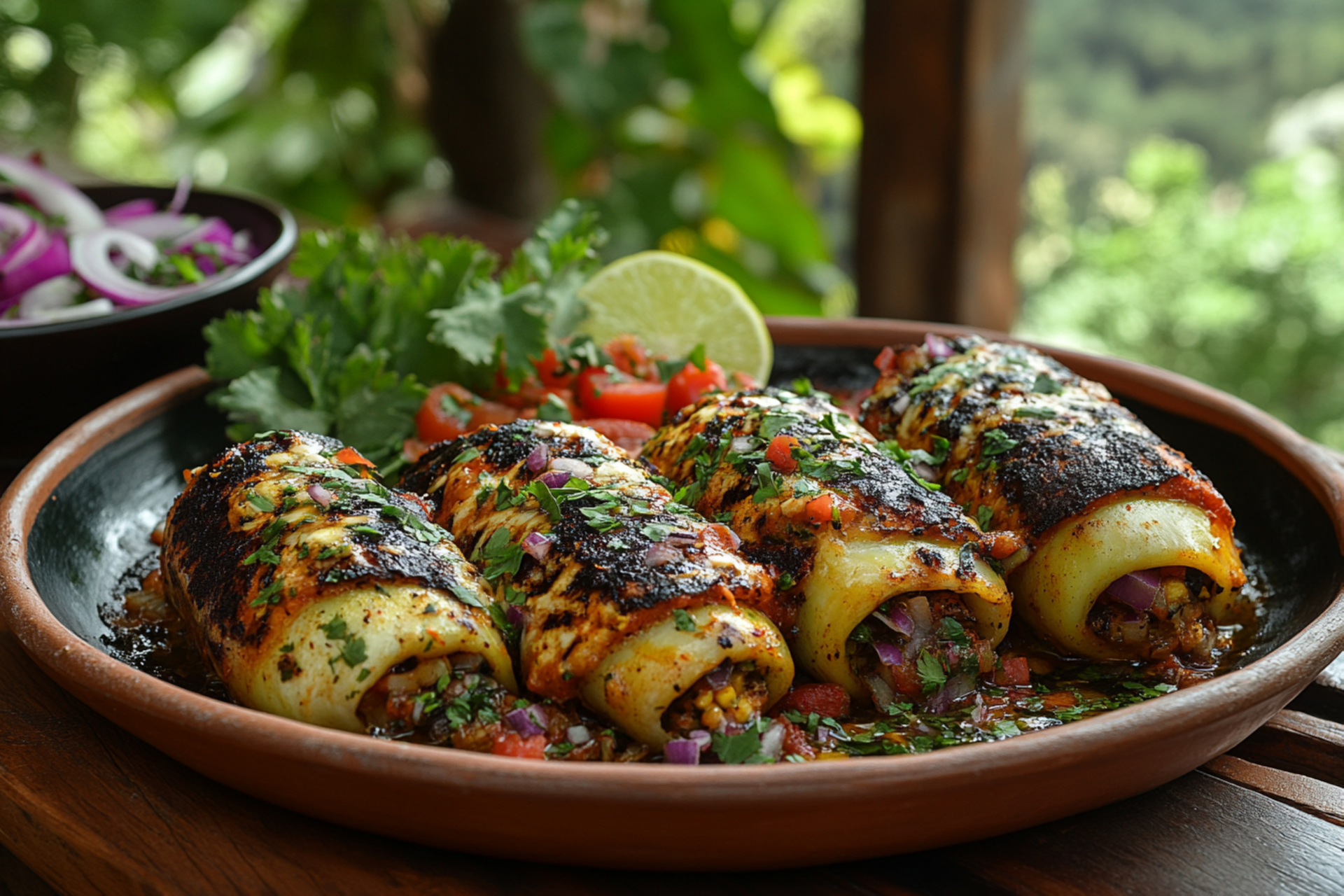 Overhead flat-lay of all ingredients for Peruvian Black Mint Chicken Tamale laid out on a kitchen surface.