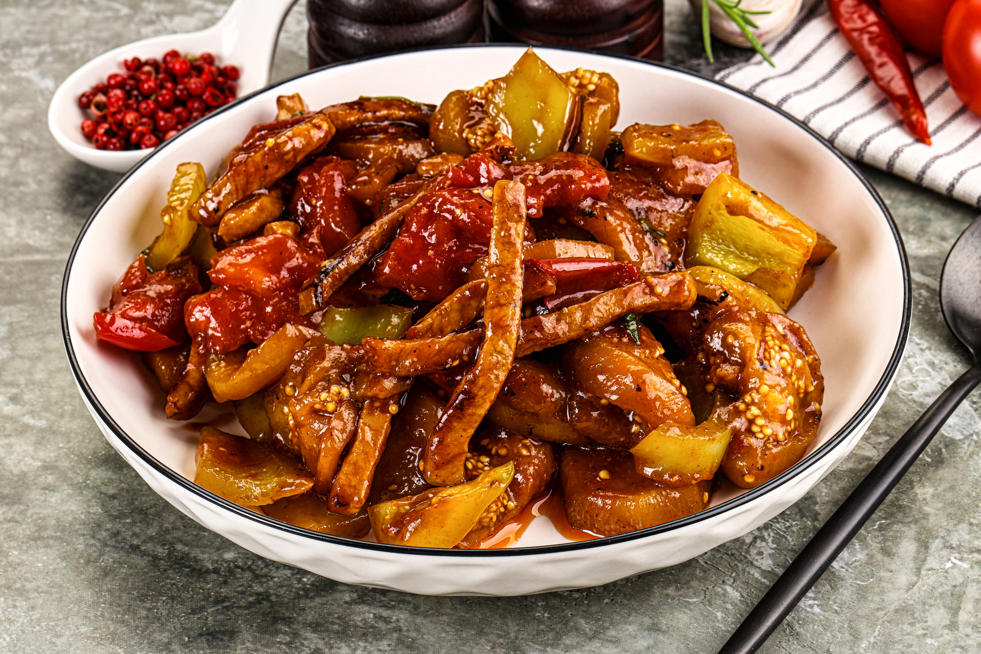 Peruvian Spicy Rocoto Char Siu Chicken with Sweet Potato Fries — Main Course served and photographed from above