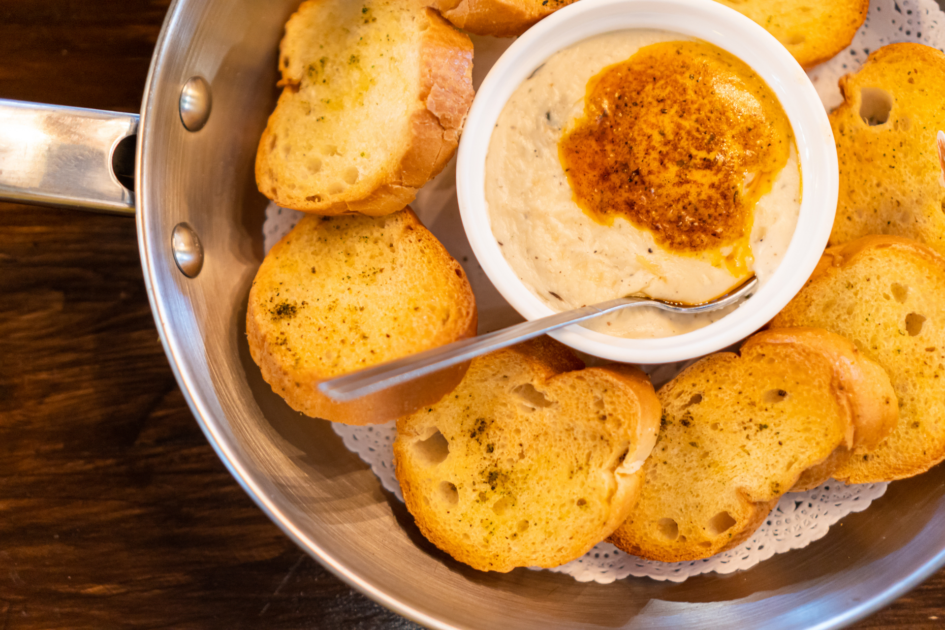 Peruvian Sweet Potato Bread with Aji Amarillo Dipping Sauce — Appetizer served and photographed from above