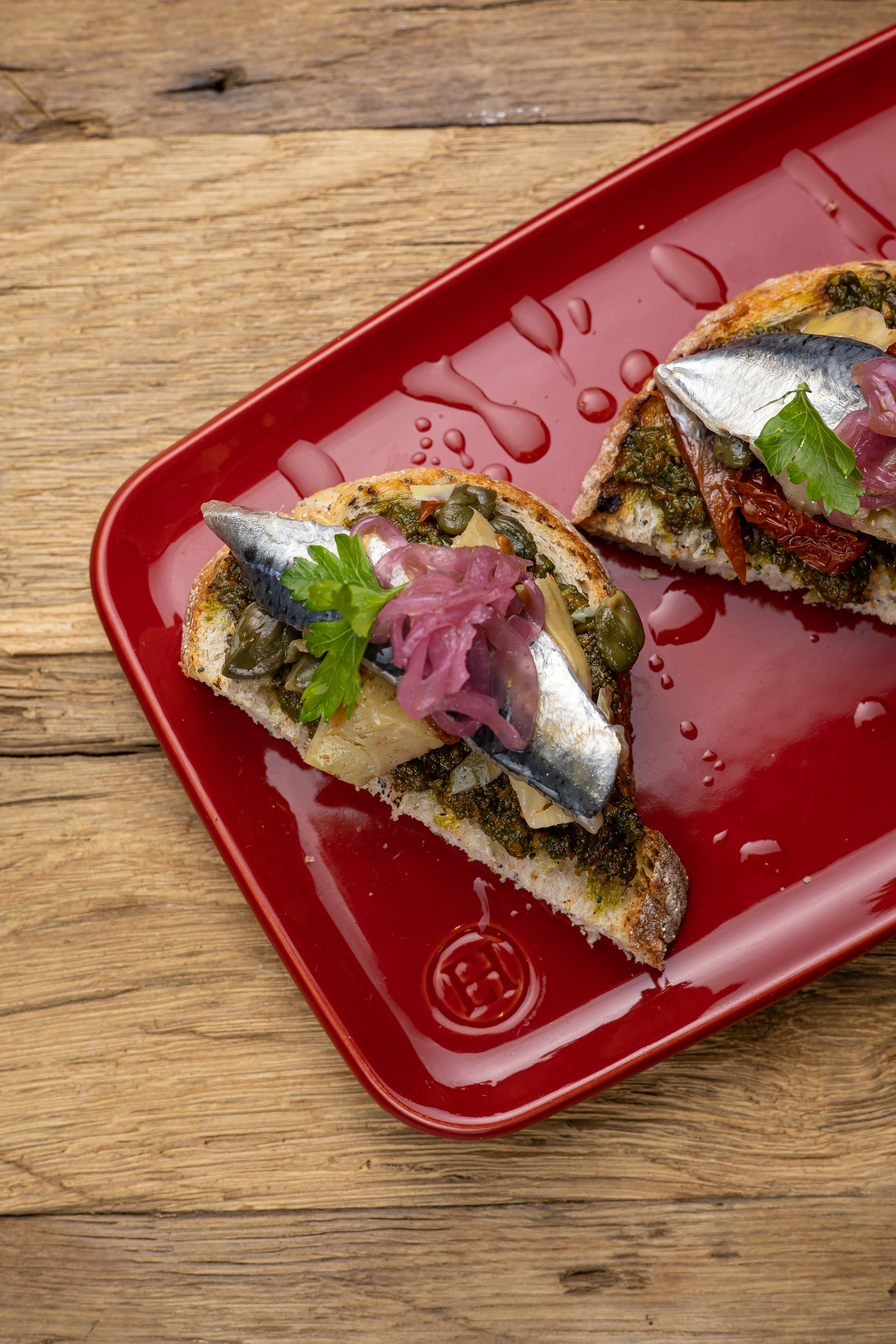 Portuguese Sardine and Tomato Escabeche with Crusty Bread — Appetizer served and photographed from above