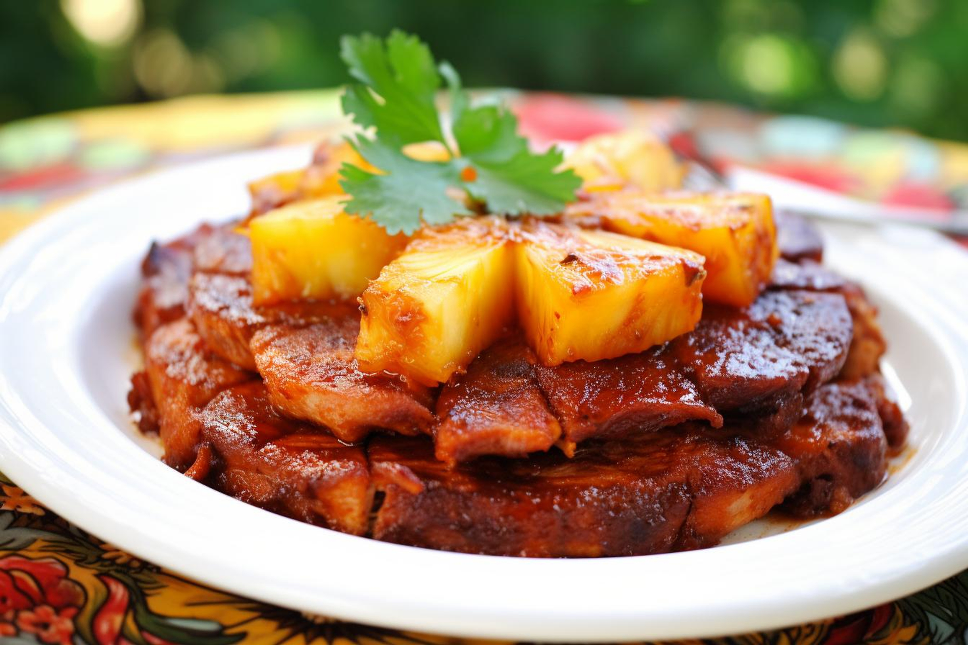 Overhead flat-lay of all ingredients for Puerto Rican Pernil with Spicy Pineapple Salsa laid out on a kitchen surface.