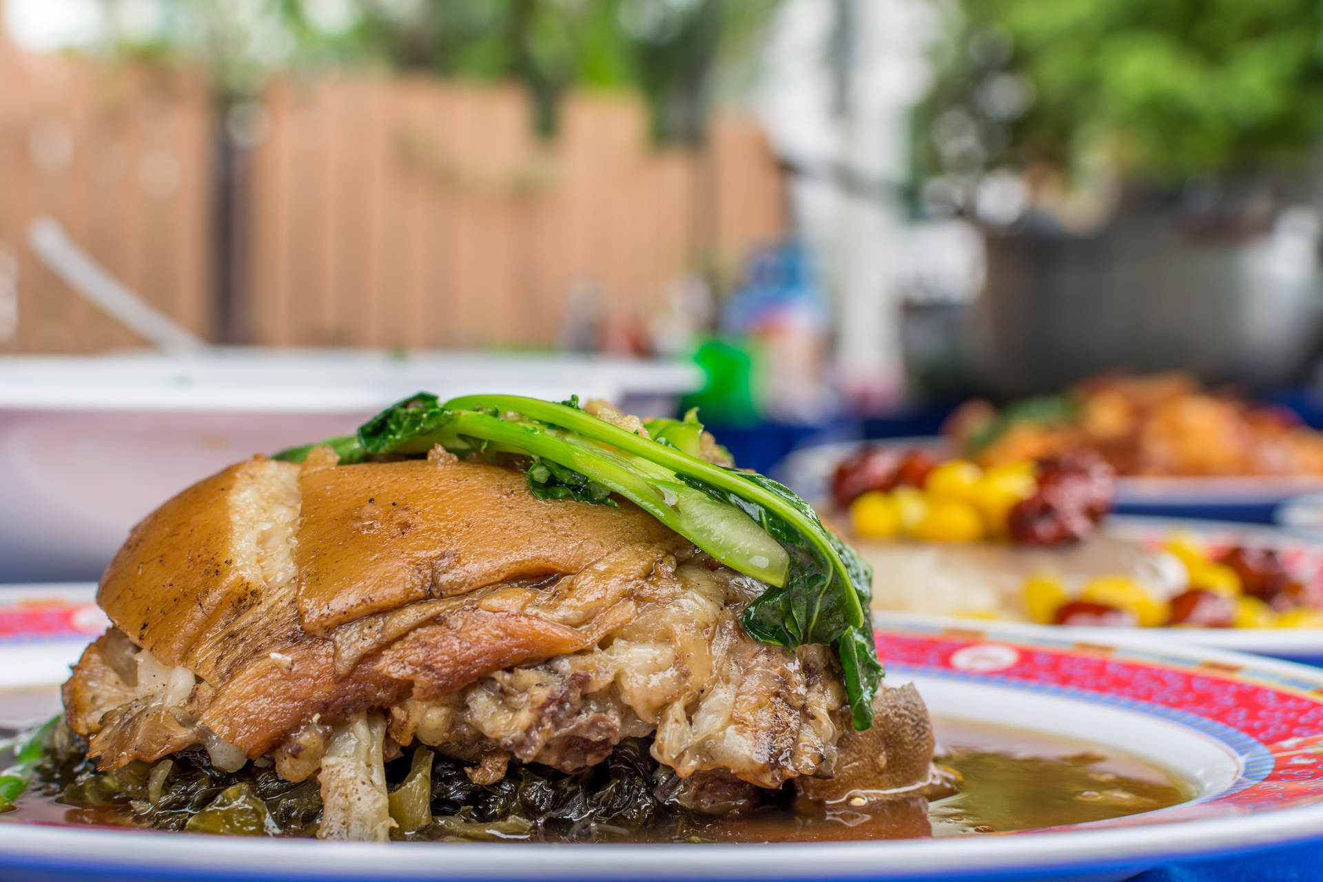 Puerto Rican Pernil with Spicy Pineapple Salsa — Main Course served and photographed from above